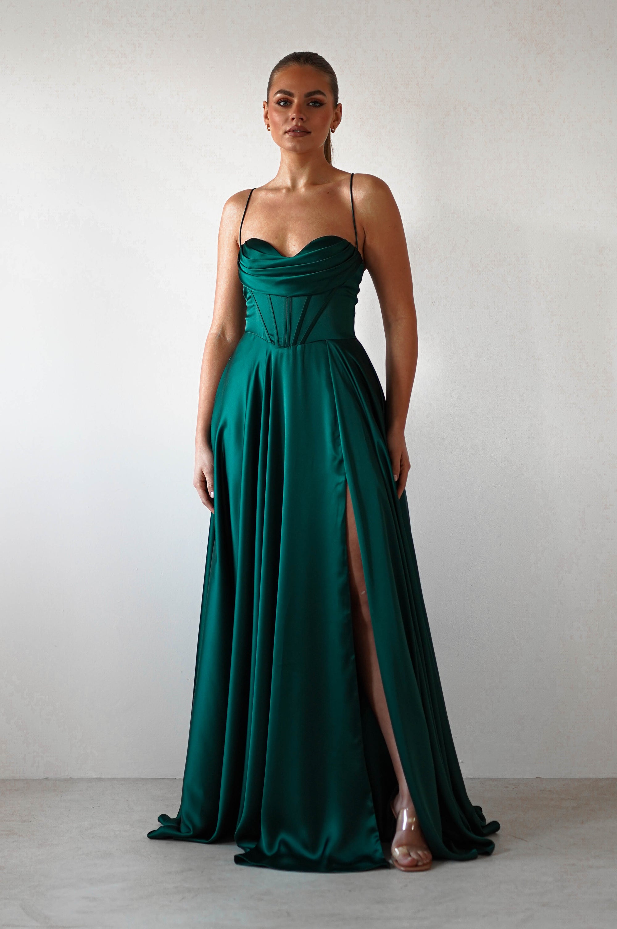 Bella Luxe Aline Satin Gown | Emerald - Oh Hello Clothing