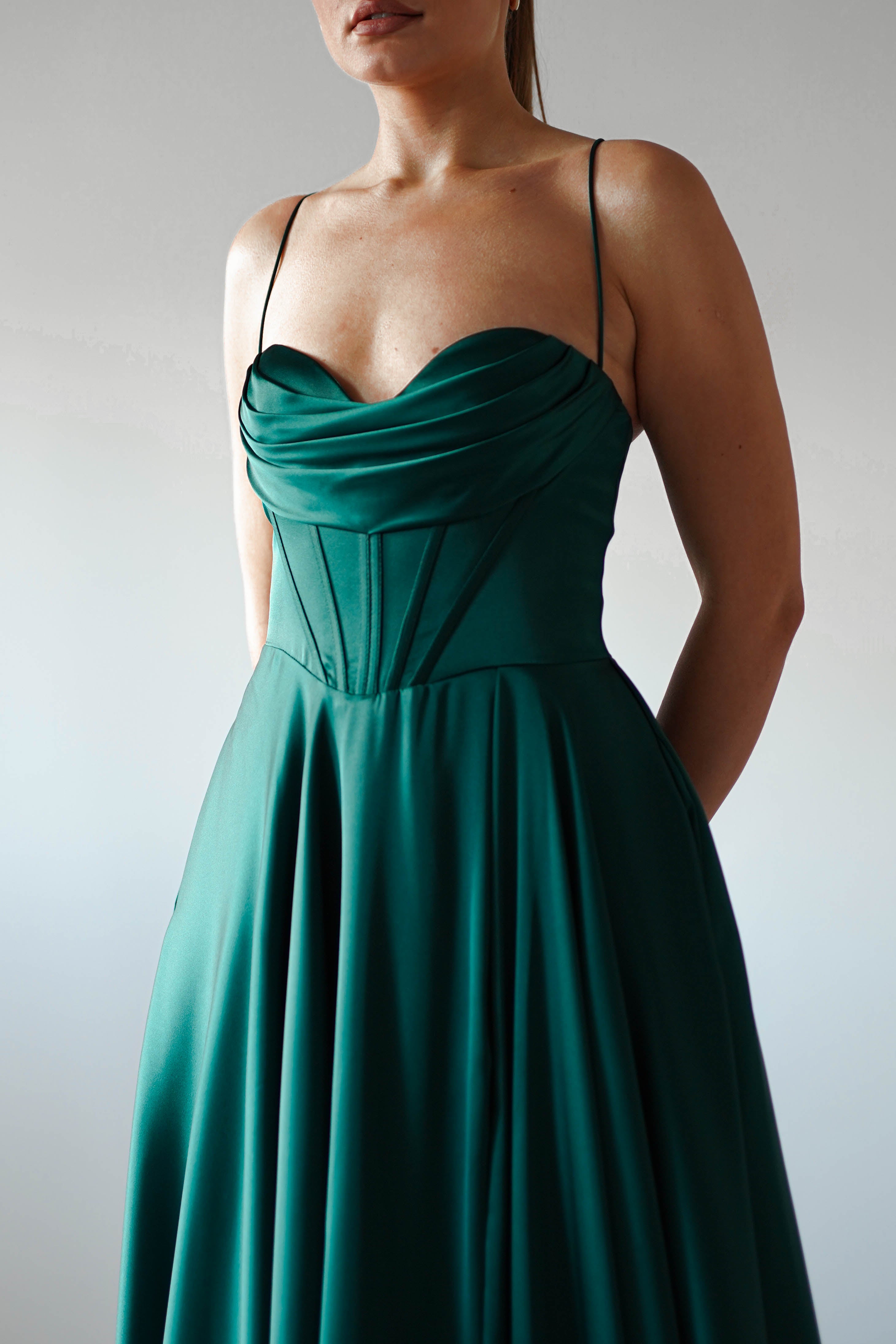 Bella Luxe Aline Satin Gown | Emerald