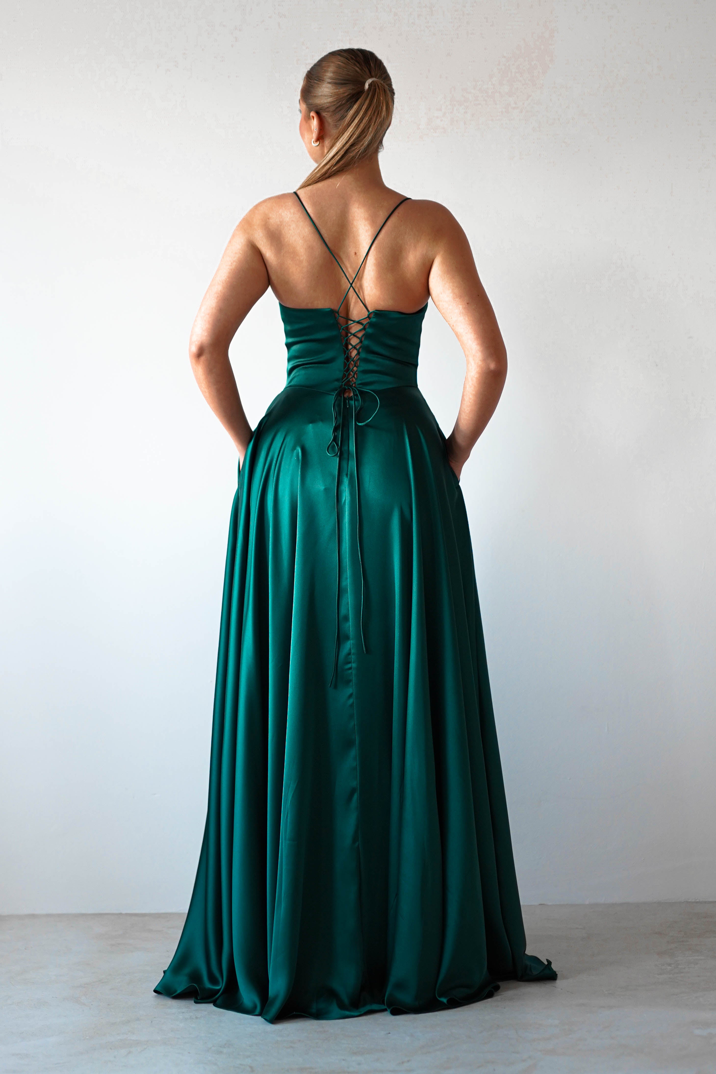 Bella Luxe Aline Satin Gown | Emerald