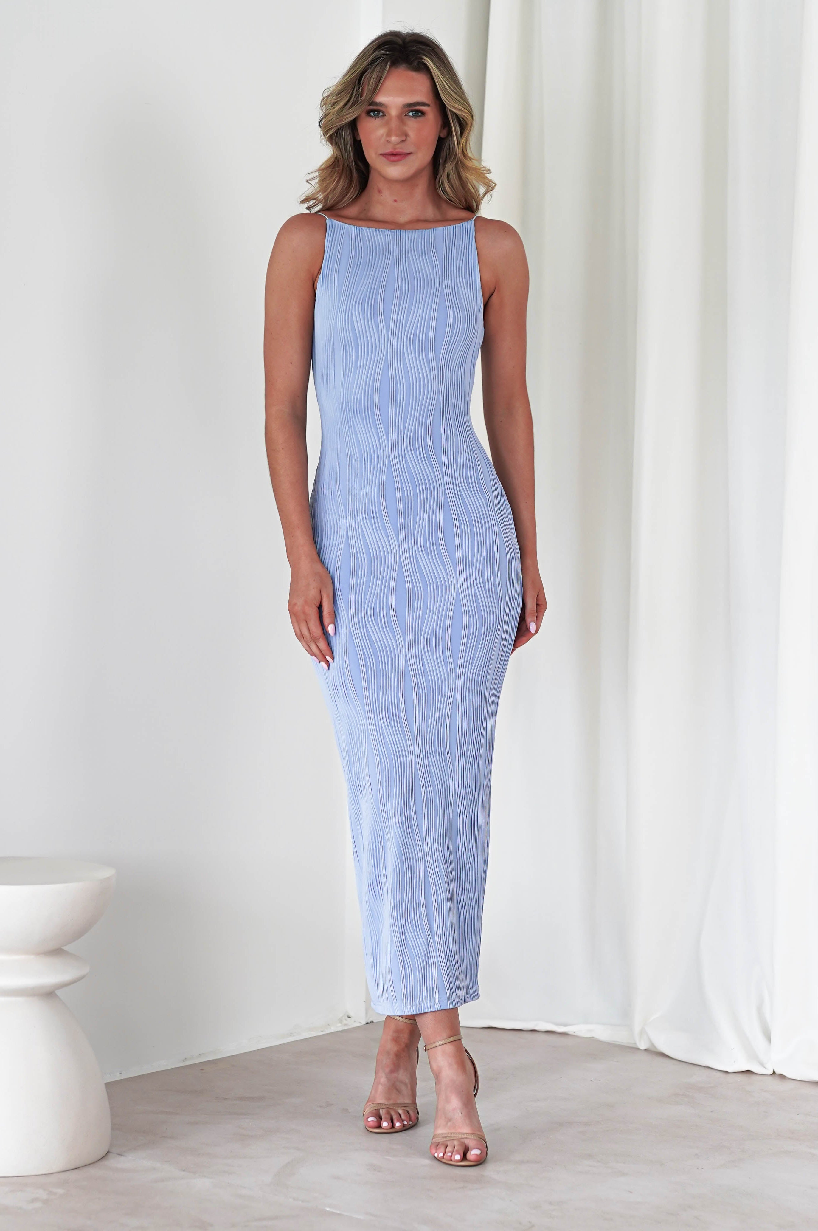 Brighton Textured Bodycon Midaxi Dress | Blue | Oh Hello Clothing | XS (6)