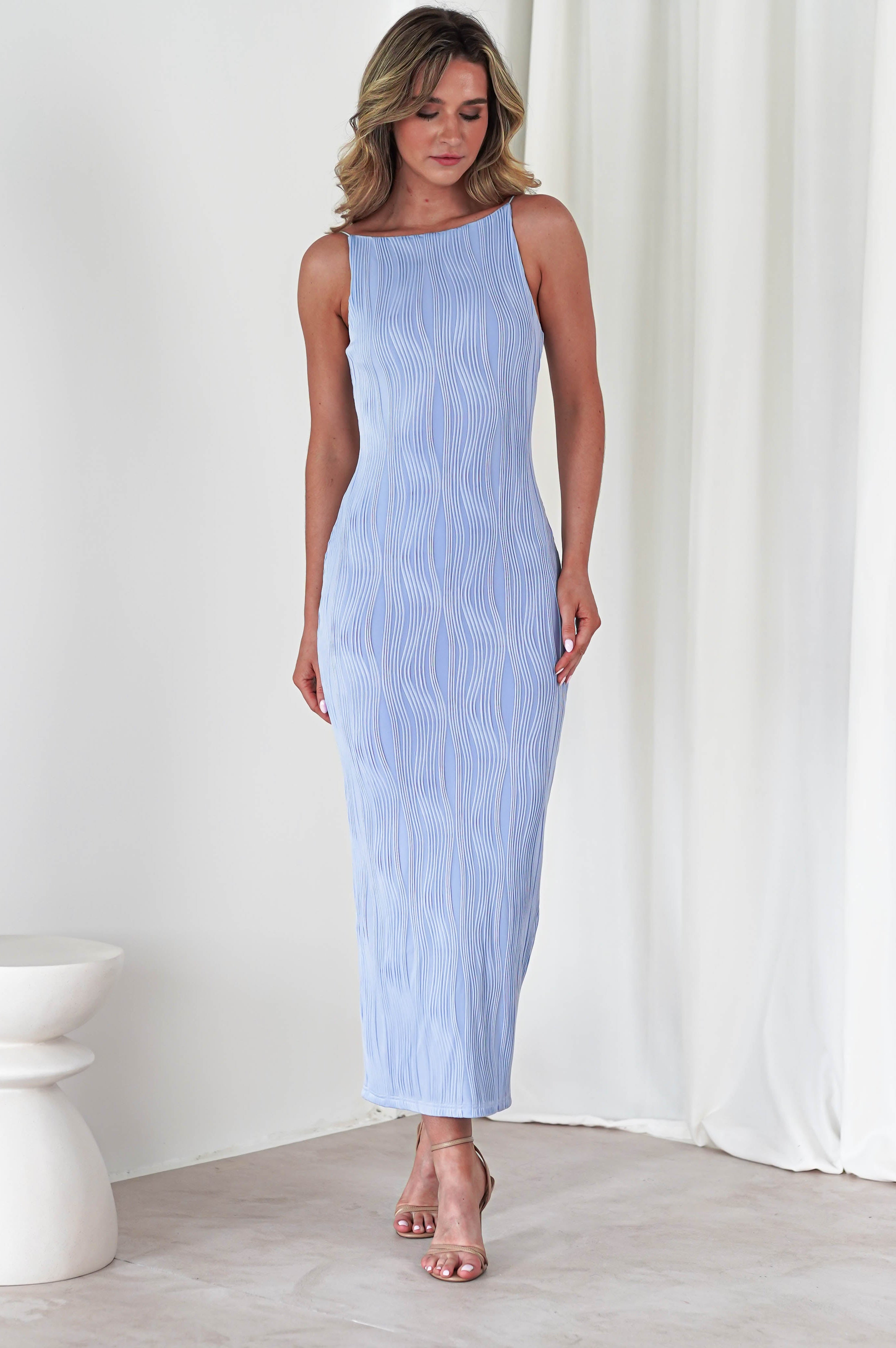 Brighton Textured Bodycon Midaxi Dress | Blue | Oh Hello Clothing | XS (6)