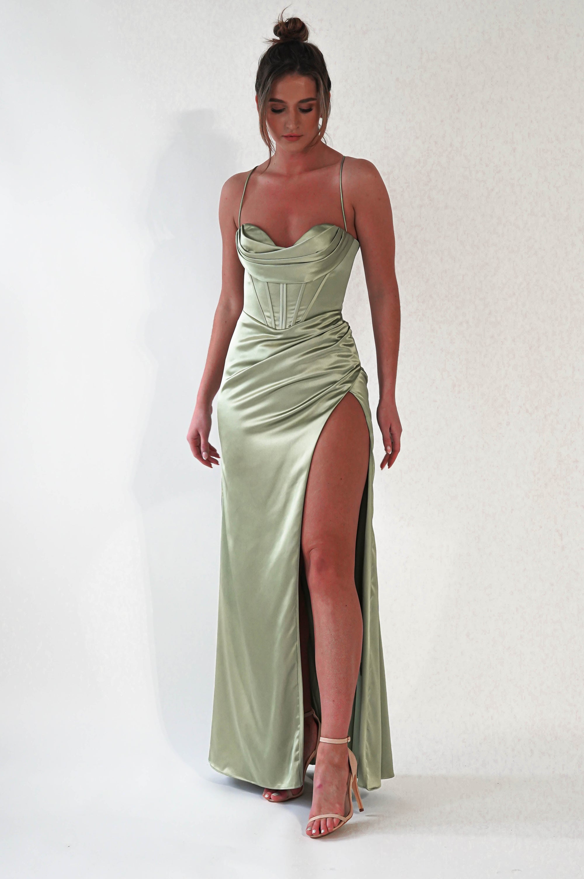 Julianne Corset Satin Gown | Sage - Oh Hello Clothing