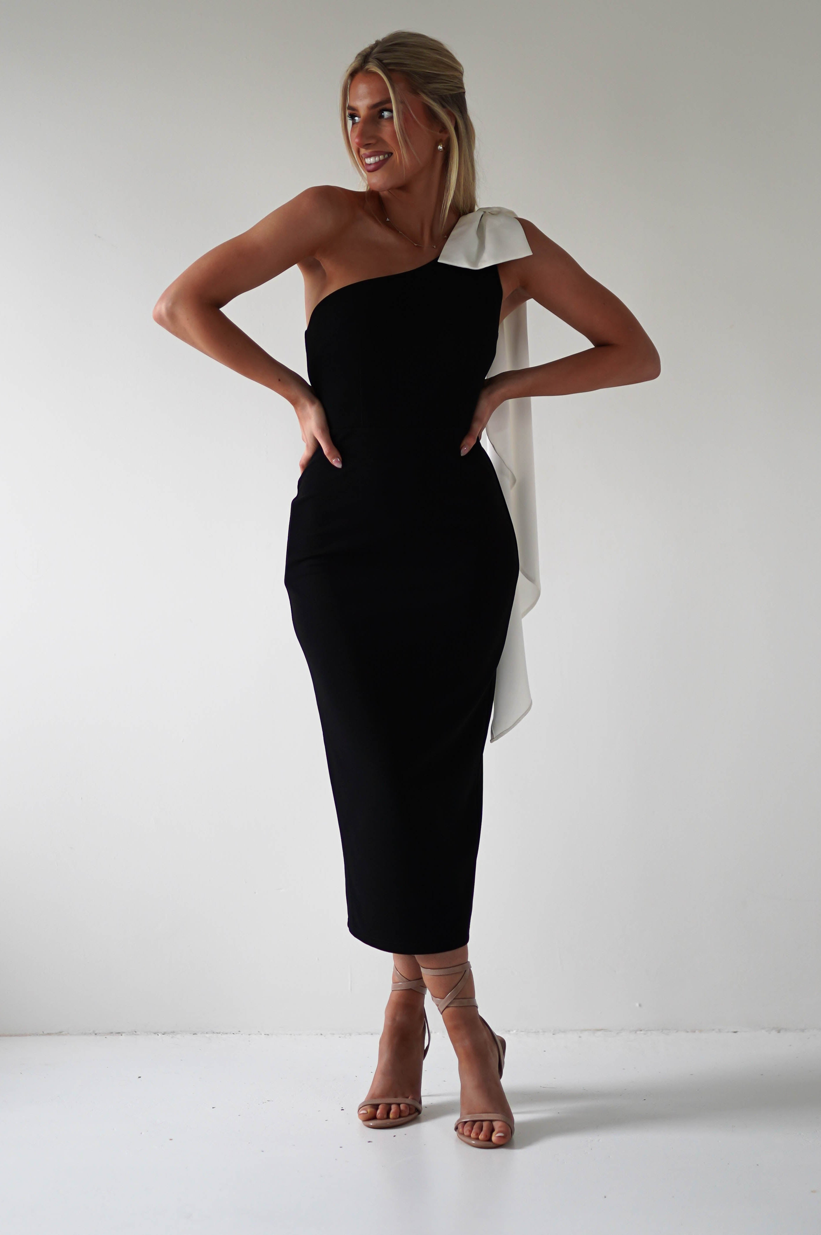 Camella Bodycon Bow Detail Midi Dress | Black | Oh Hello Clothing | XS (6)