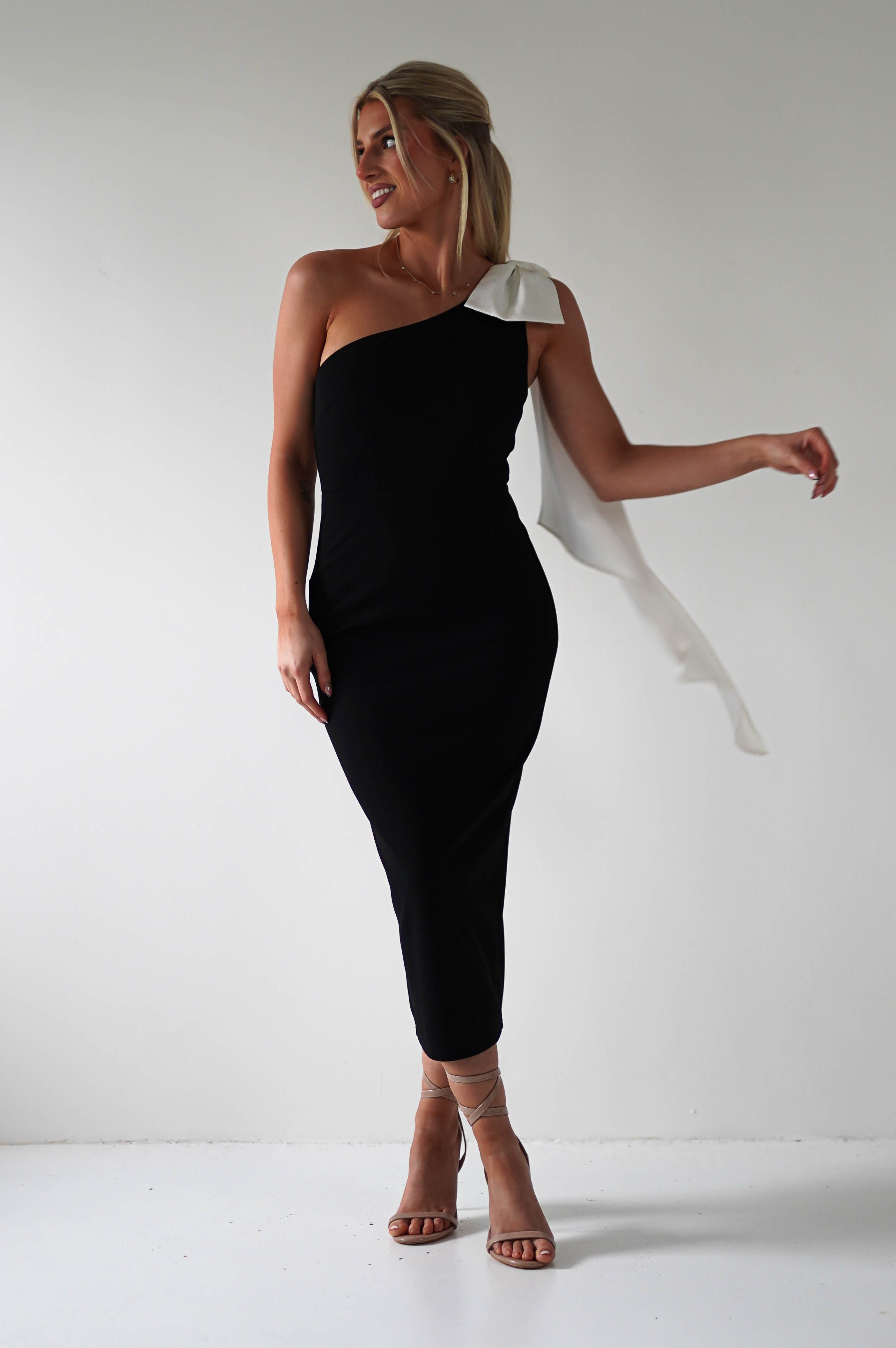 Camella Bodycon Bow Detail Midi Dress | Black | Oh Hello Clothing | XS (6)