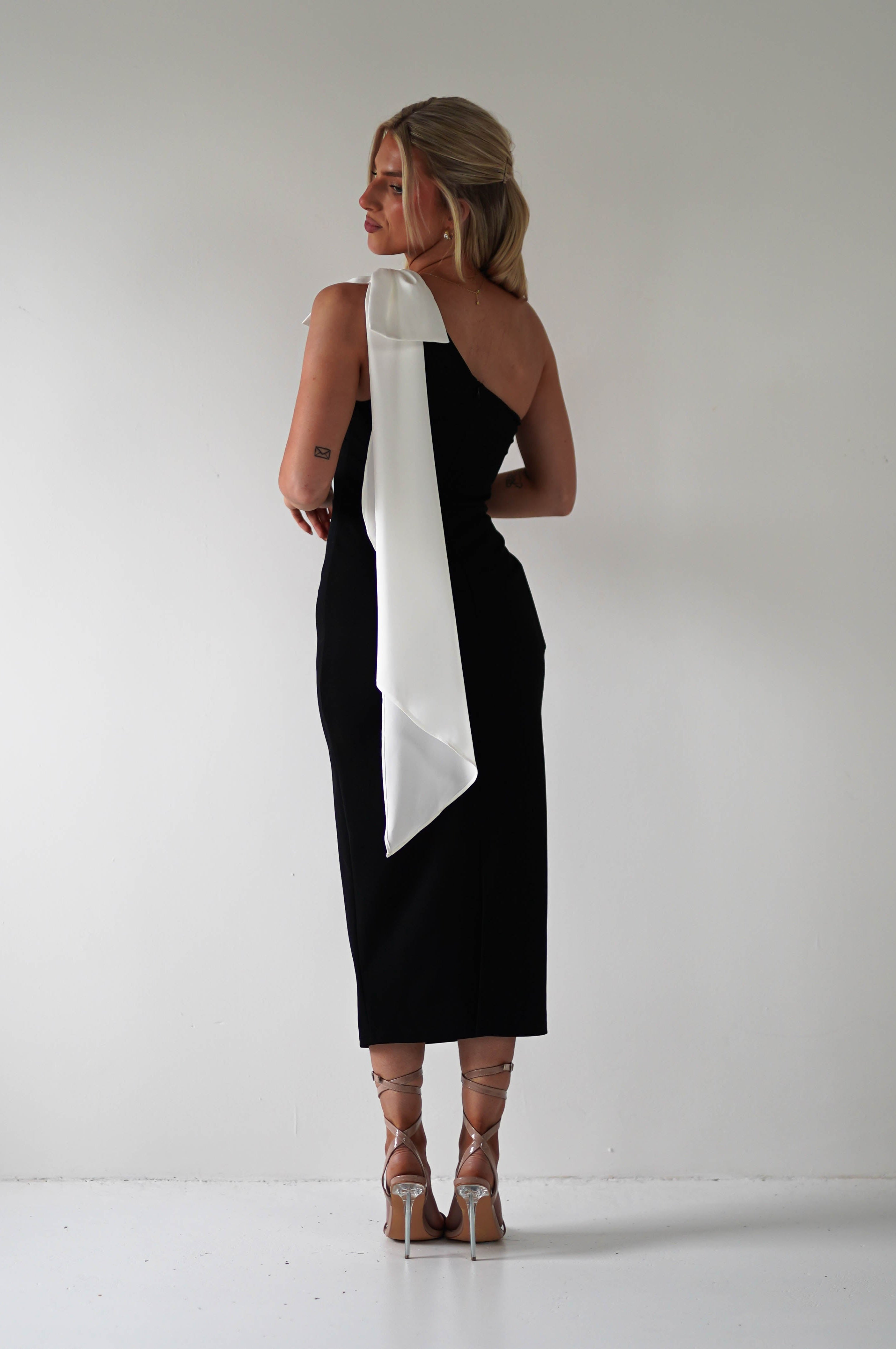 Camella Bodycon Bow Detail Midi Dress | Black | Oh Hello Clothing | XS (6)