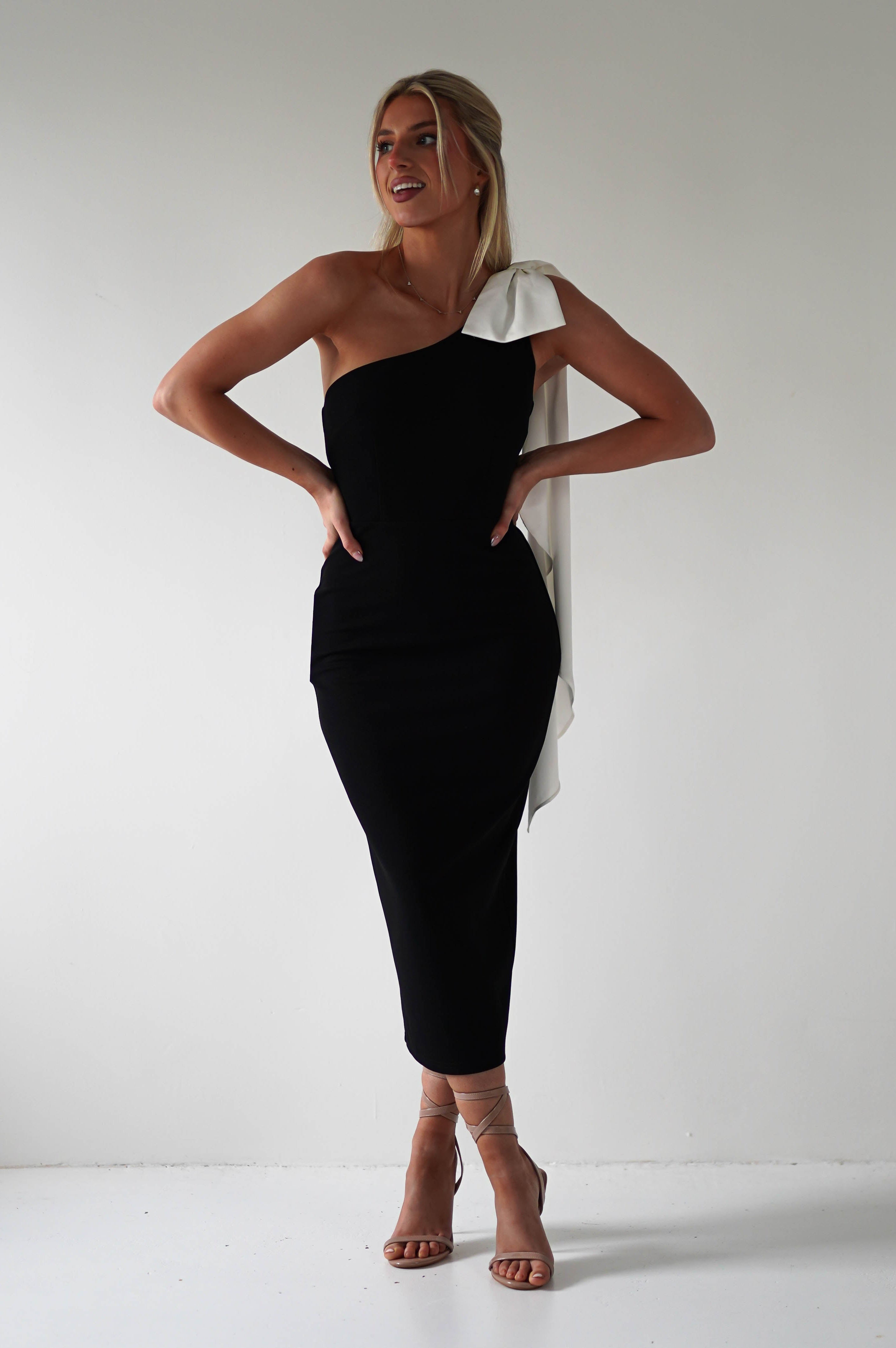 Camella Bodycon Bow Detail Midi Dress | Black | Oh Hello Clothing | XS (6)