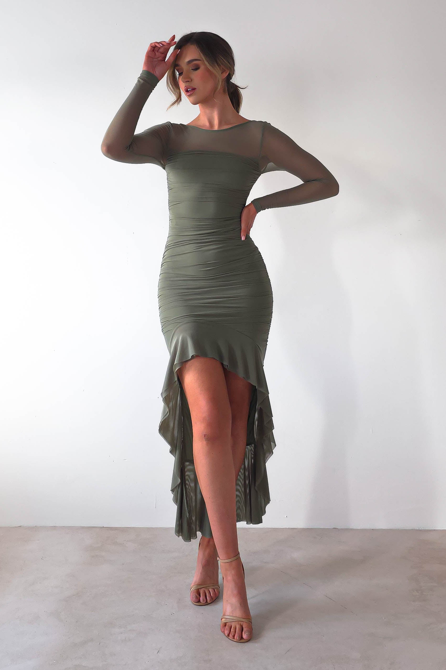Carlson Mesh Midaxi Dress | Olive | Oh Hello Clothing | XS (6)