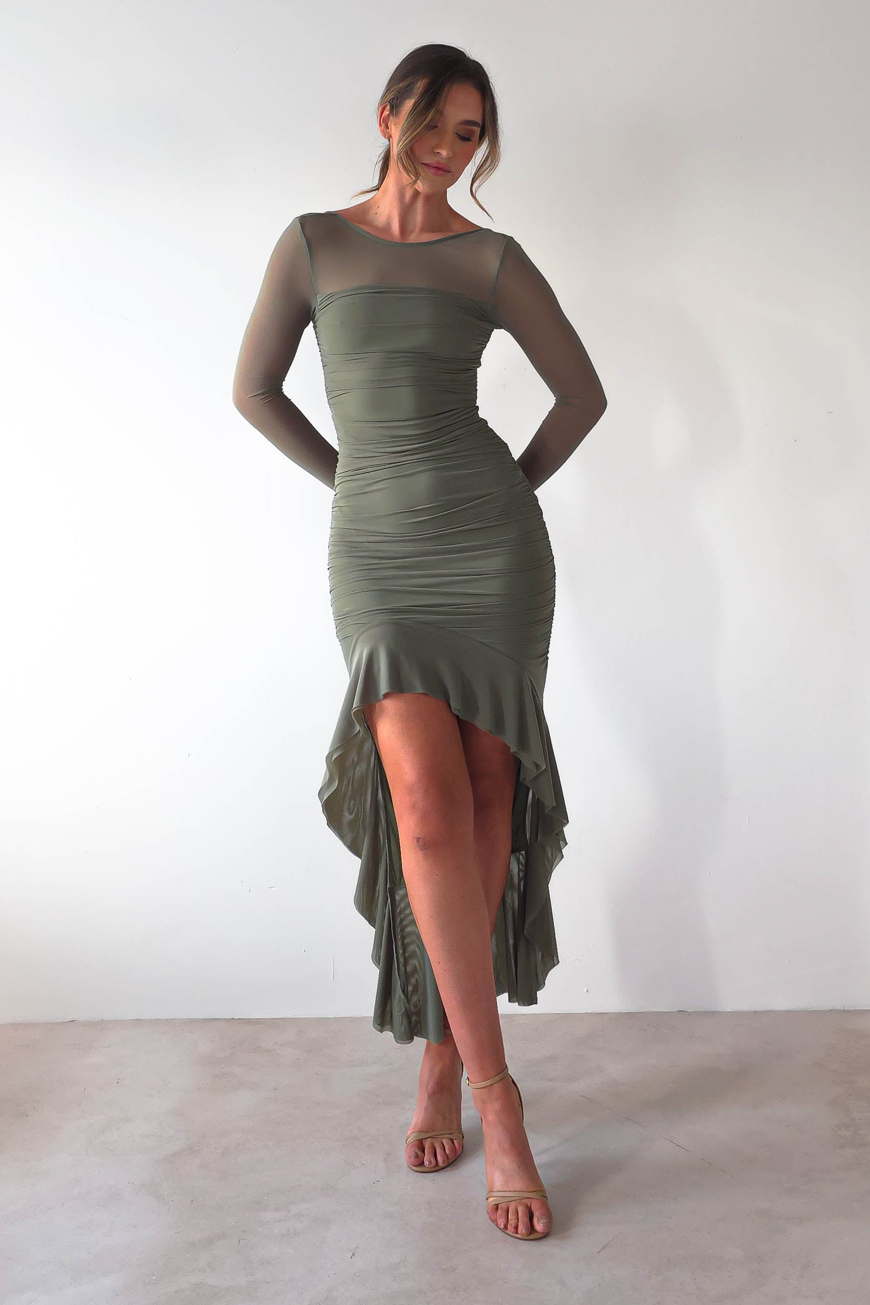 Carlson Mesh Midaxi Dress | Olive - Oh Hello Clothing