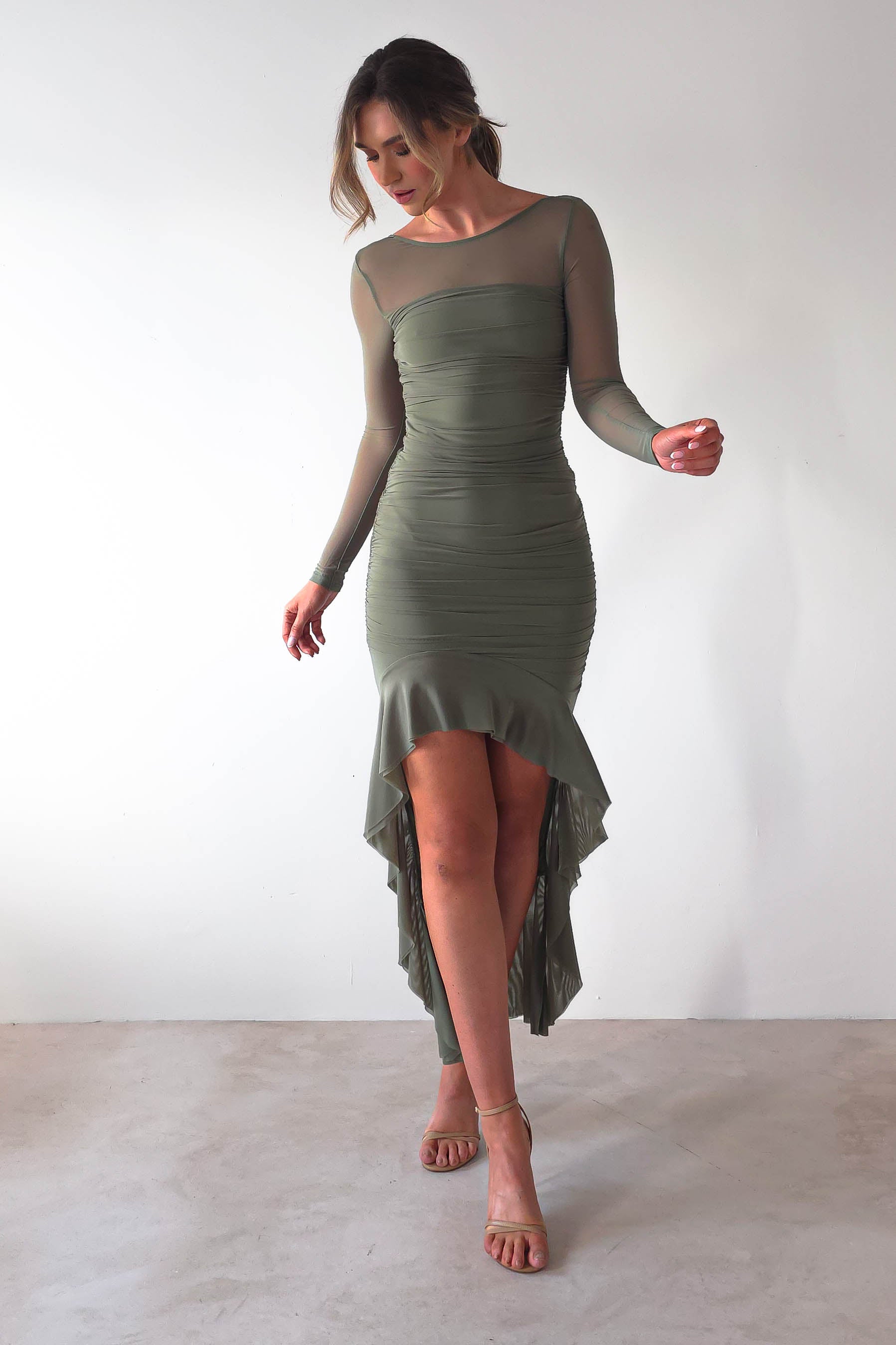 Carlson Mesh Midaxi Dress | Olive | Oh Hello Clothing | XS (6)