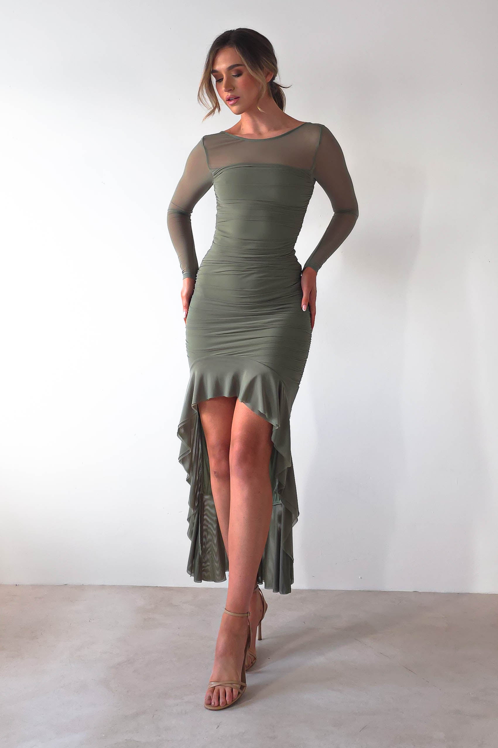 Carlson Mesh Midaxi Dress | Olive - Oh Hello Clothing