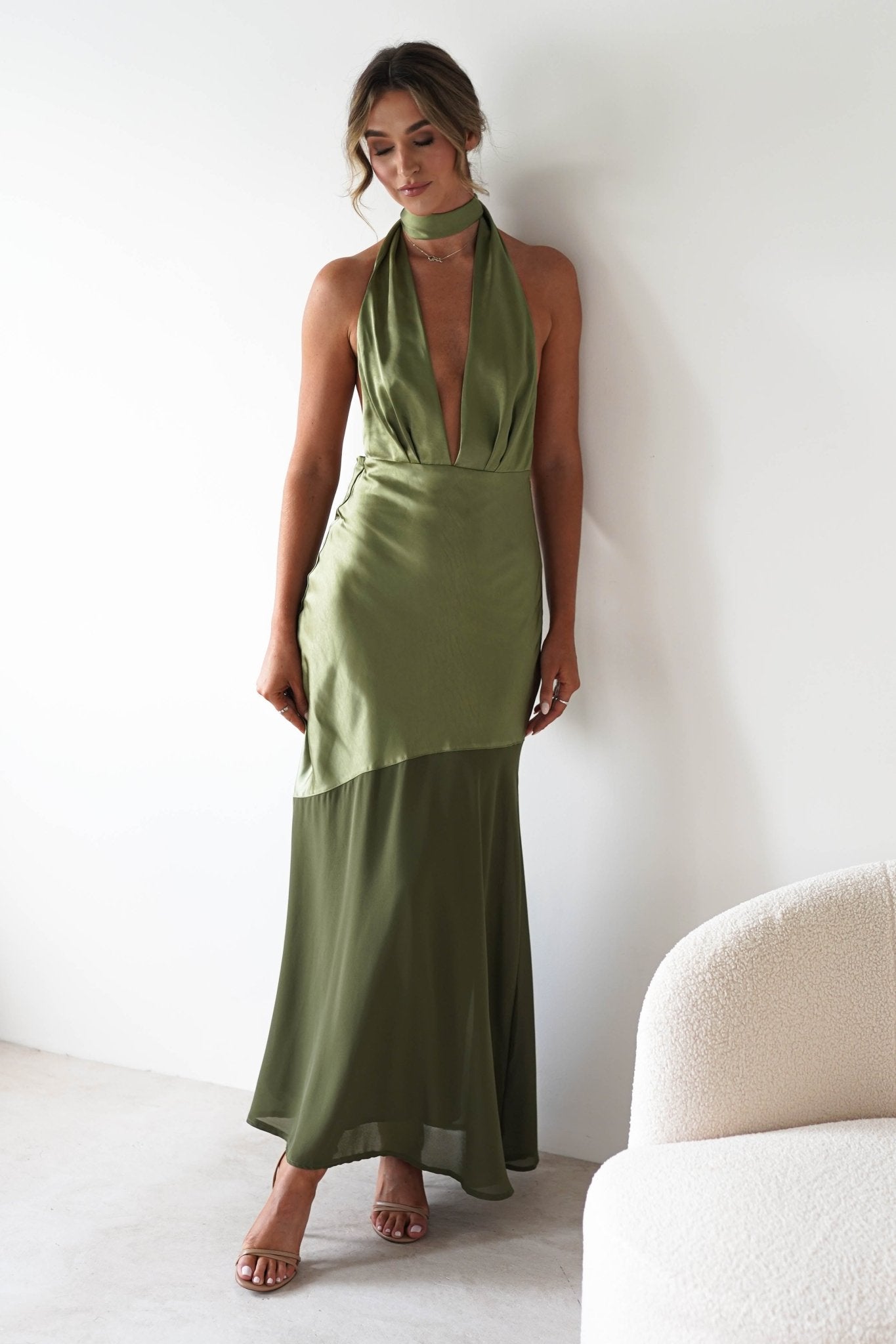 Cheree Silky Halterneck Maxi Dress | Olive | Oh Hello Clothing | XS (6)