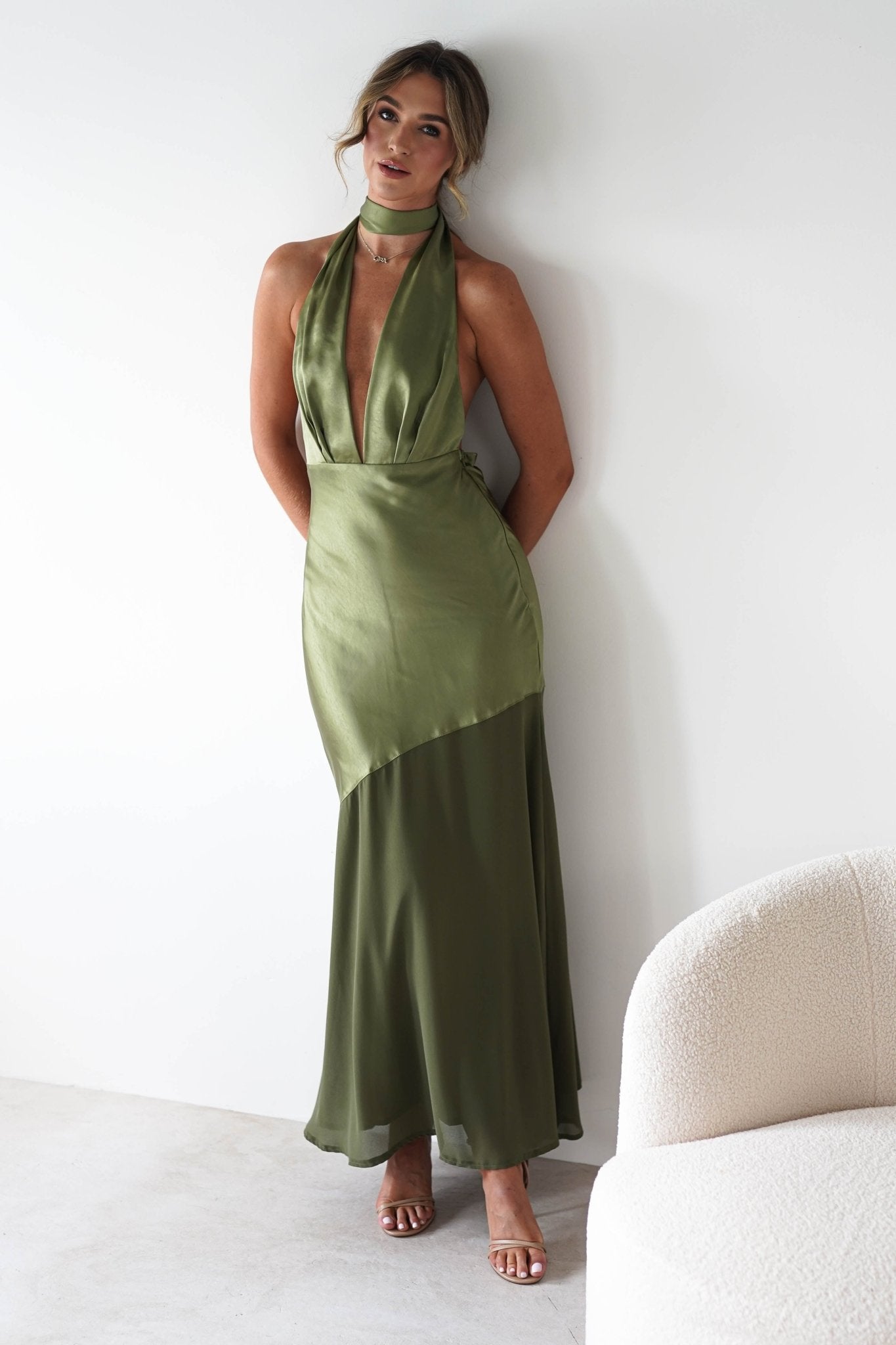 Cheree Silky Halterneck Maxi Dress | Olive | Oh Hello Clothing | XS (6)