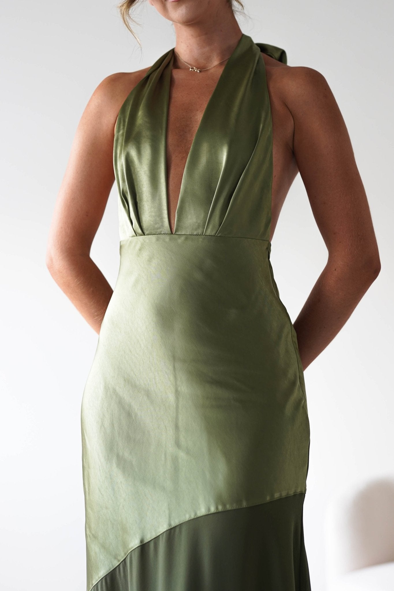 Cheree Silky Halterneck Maxi Dress | Olive | Oh Hello Clothing | XS (6)