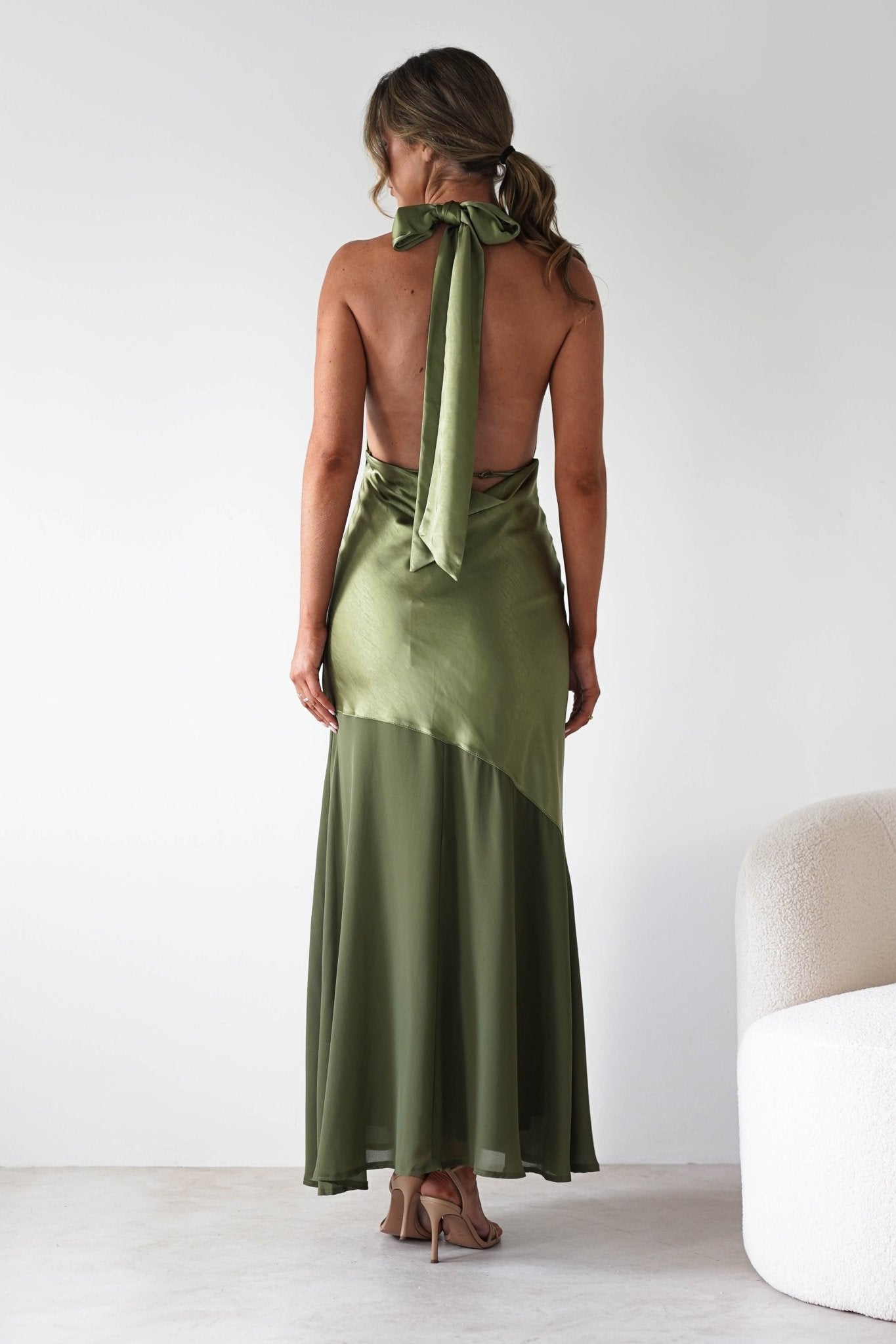Cheree Silky Halterneck Maxi Dress | Olive | Oh Hello Clothing | XS (6)