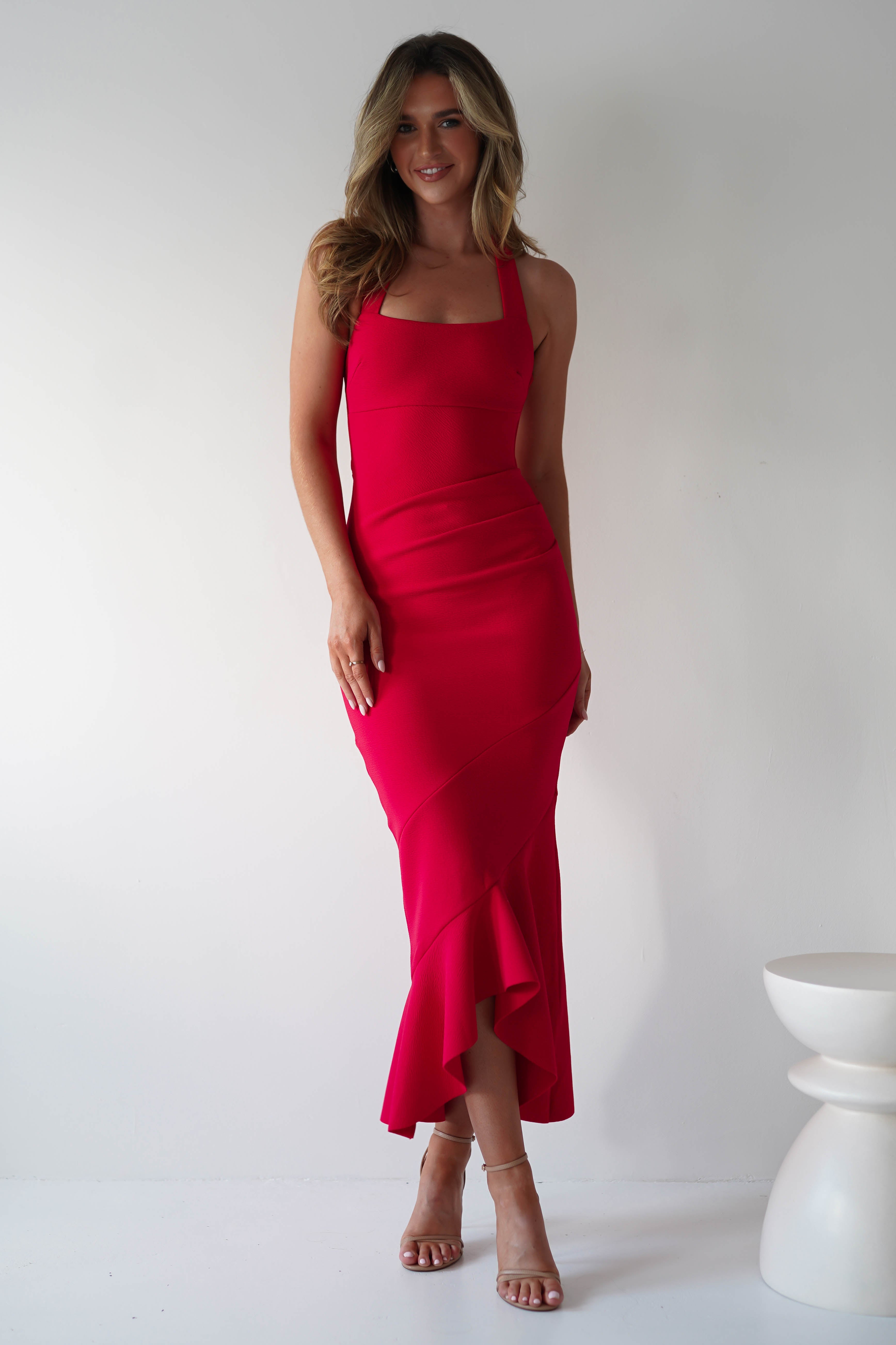 Damaris Textured Midi Dress | Red | Oh Hello Clothing | XS (6)
