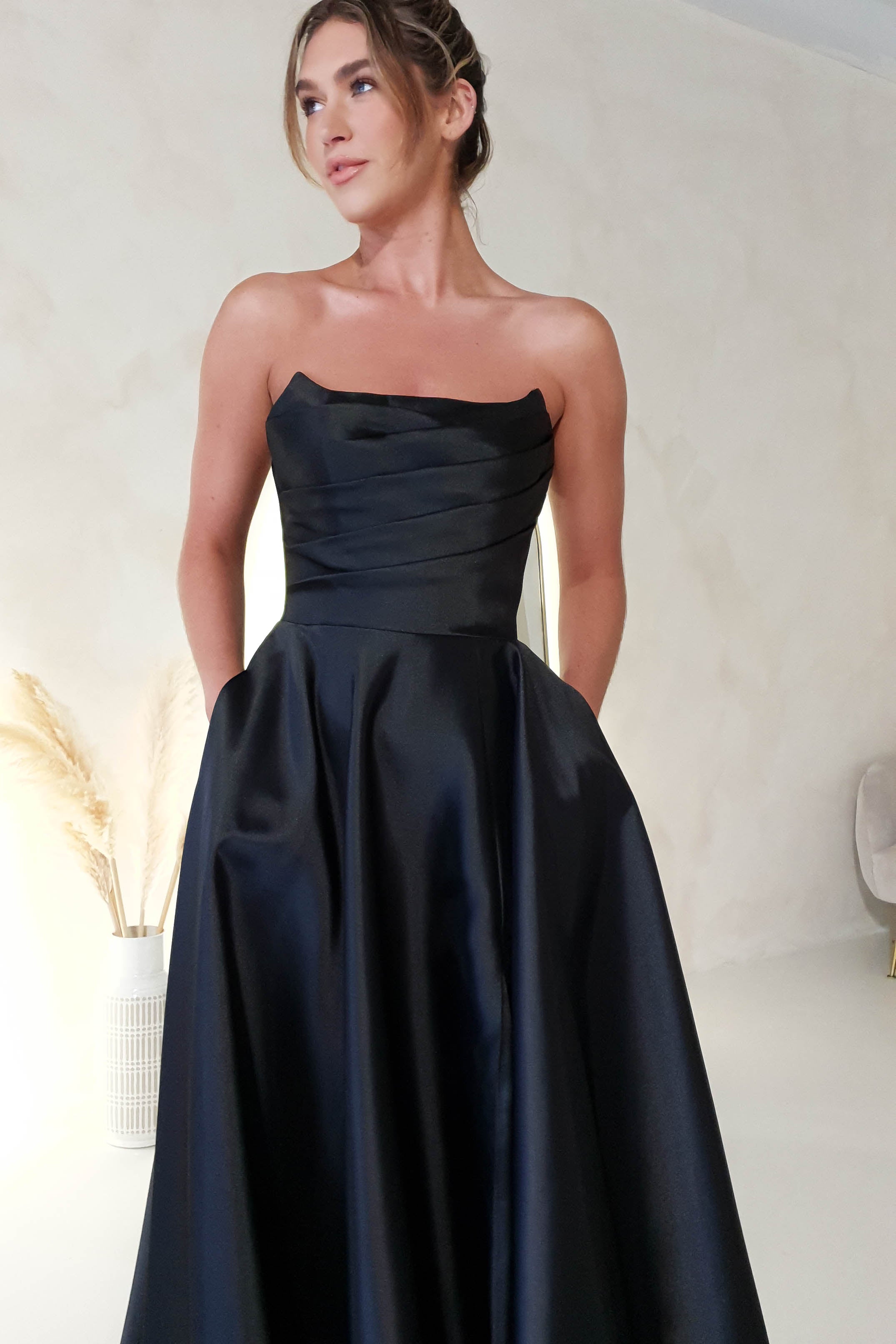 Miya Corset A-Line Satin Gown | Black
