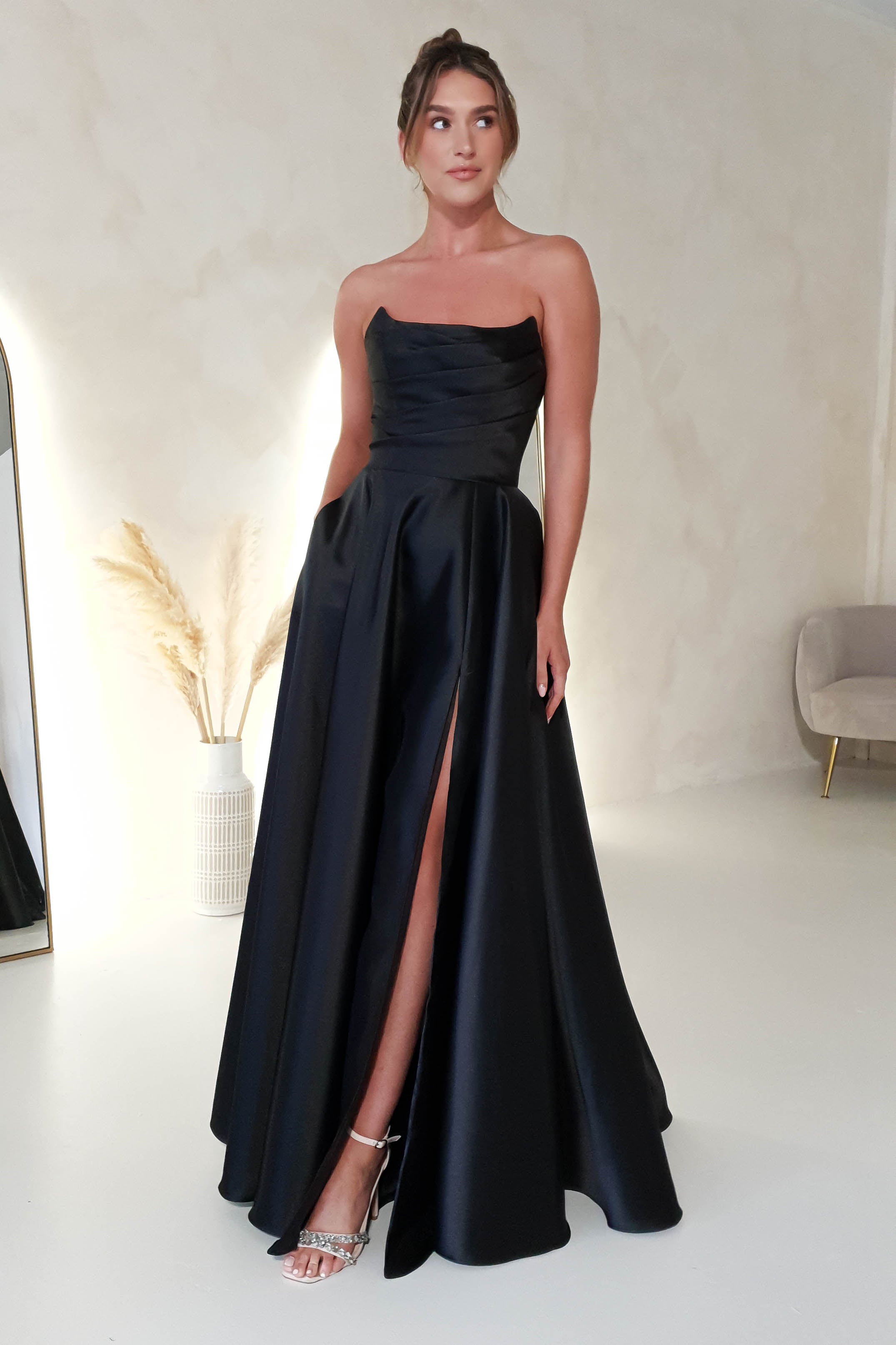 Miya Corset A-Line Satin Gown | Black