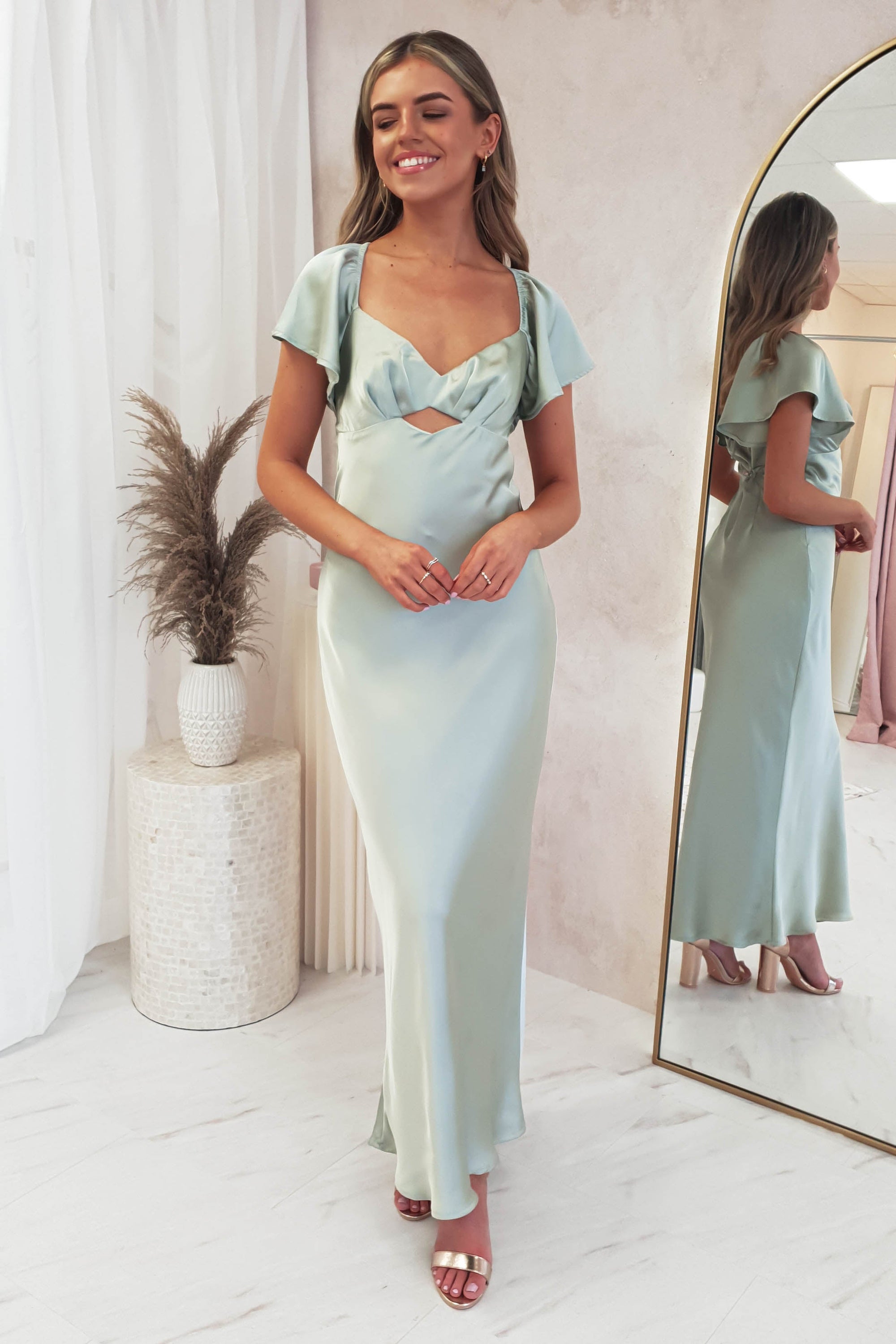 Willow Satin Cap Sleeve Midi Dress | Sage | Oh Hello Clothing | XS (6)