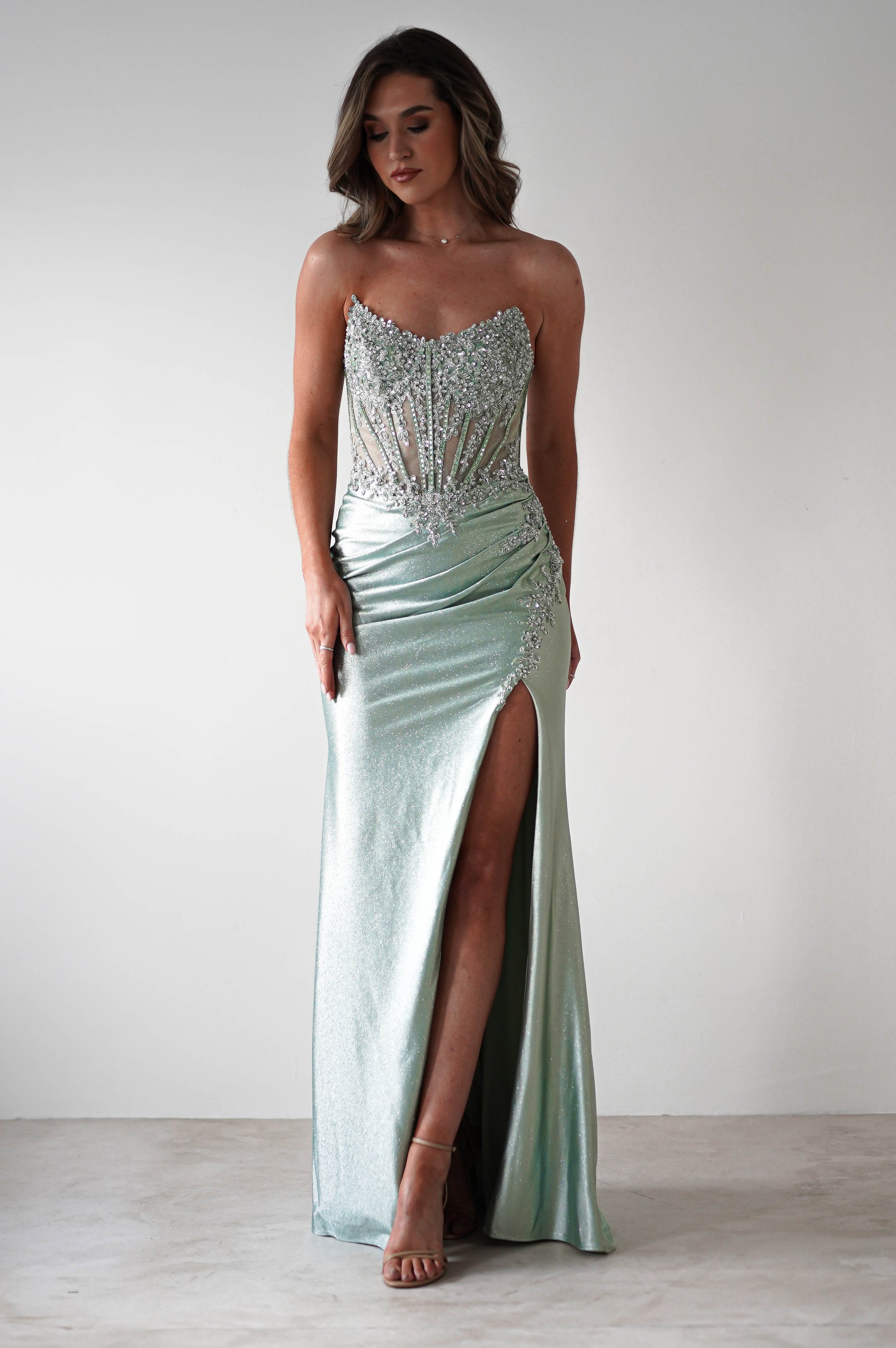 Caspian Embellished Bodycon Gown | Light Green | Oh Hello Clothing | XS (6)