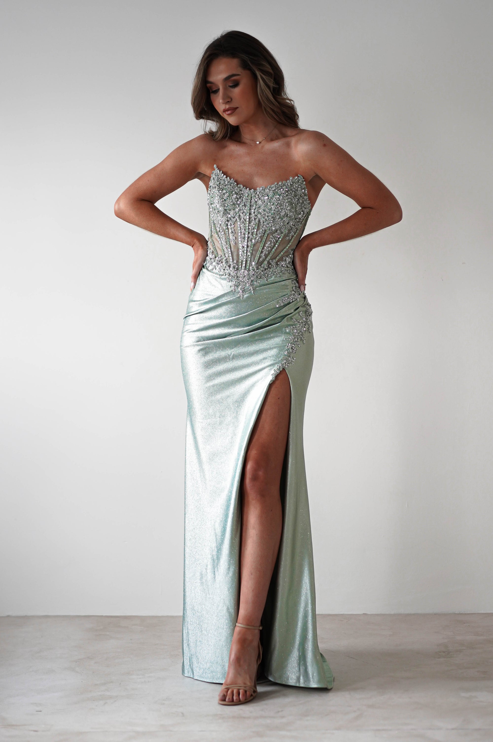 Caspian Embellished Bodycon Gown | Light Green | Oh Hello Clothing | XS (6)