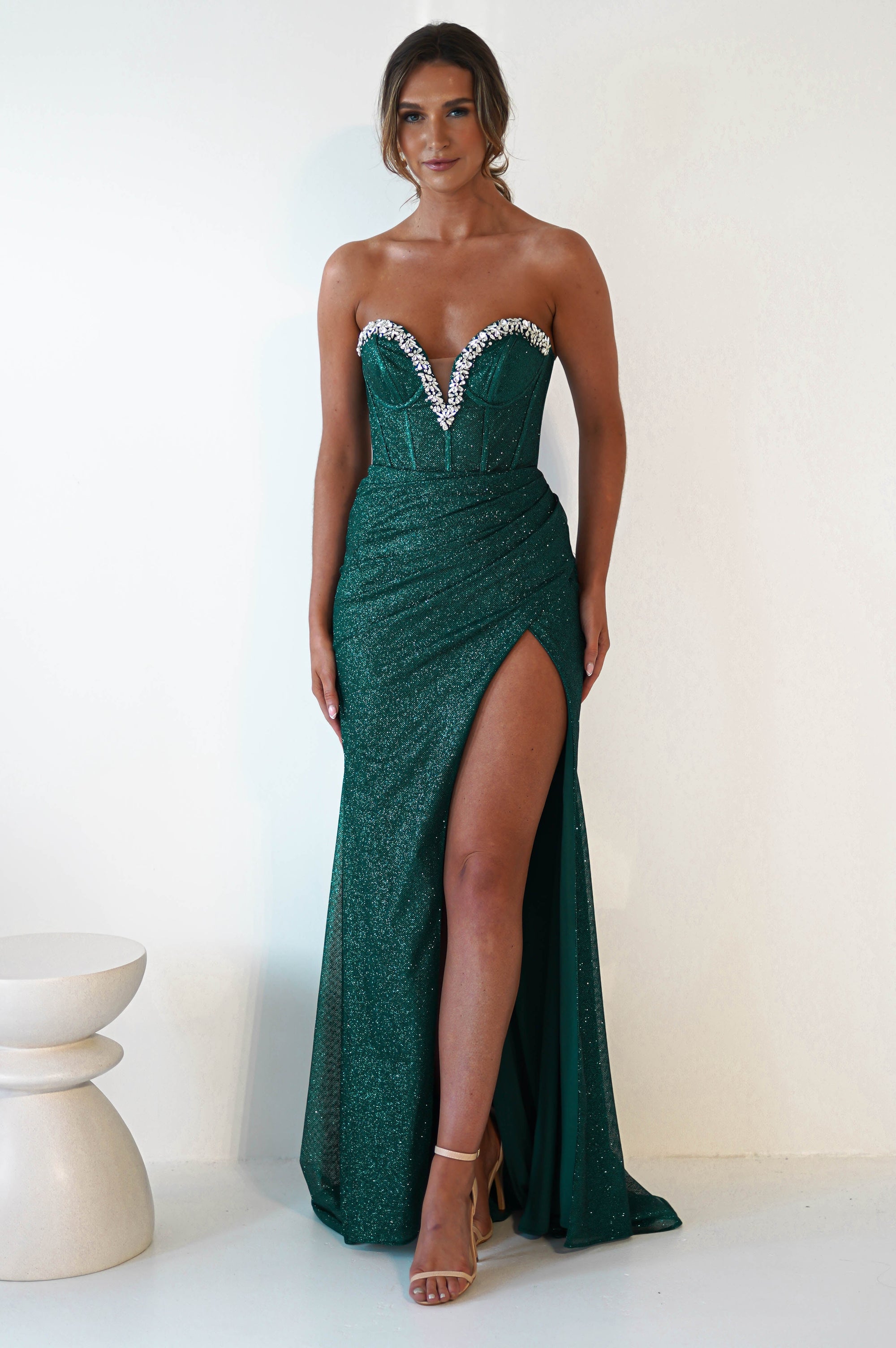 Stephanie Strapless Glitter Gown | Emerald Green - Oh Hello Clothing