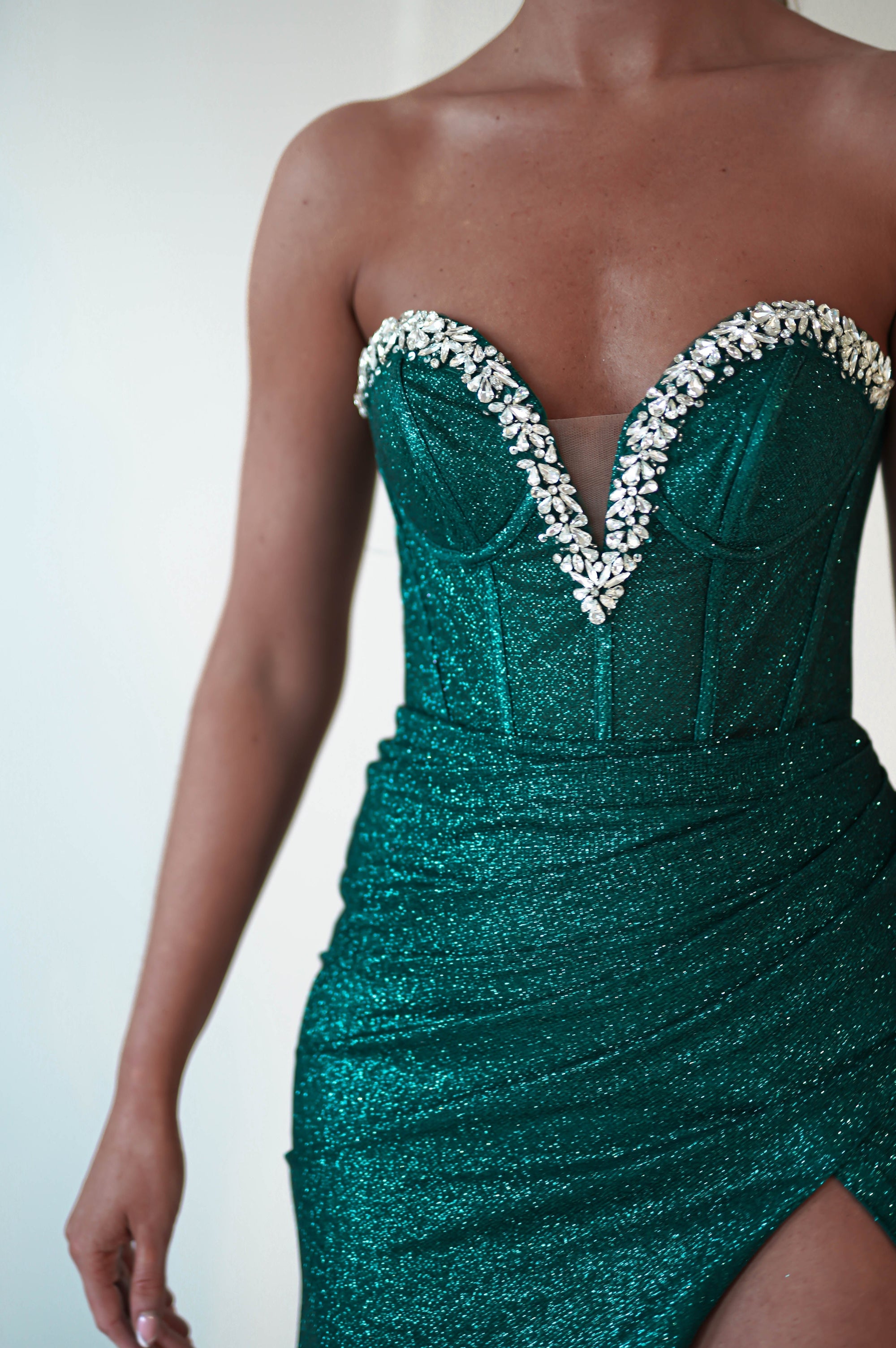 Stephanie Strapless Glitter Gown | Emerald Green - Oh Hello Clothing