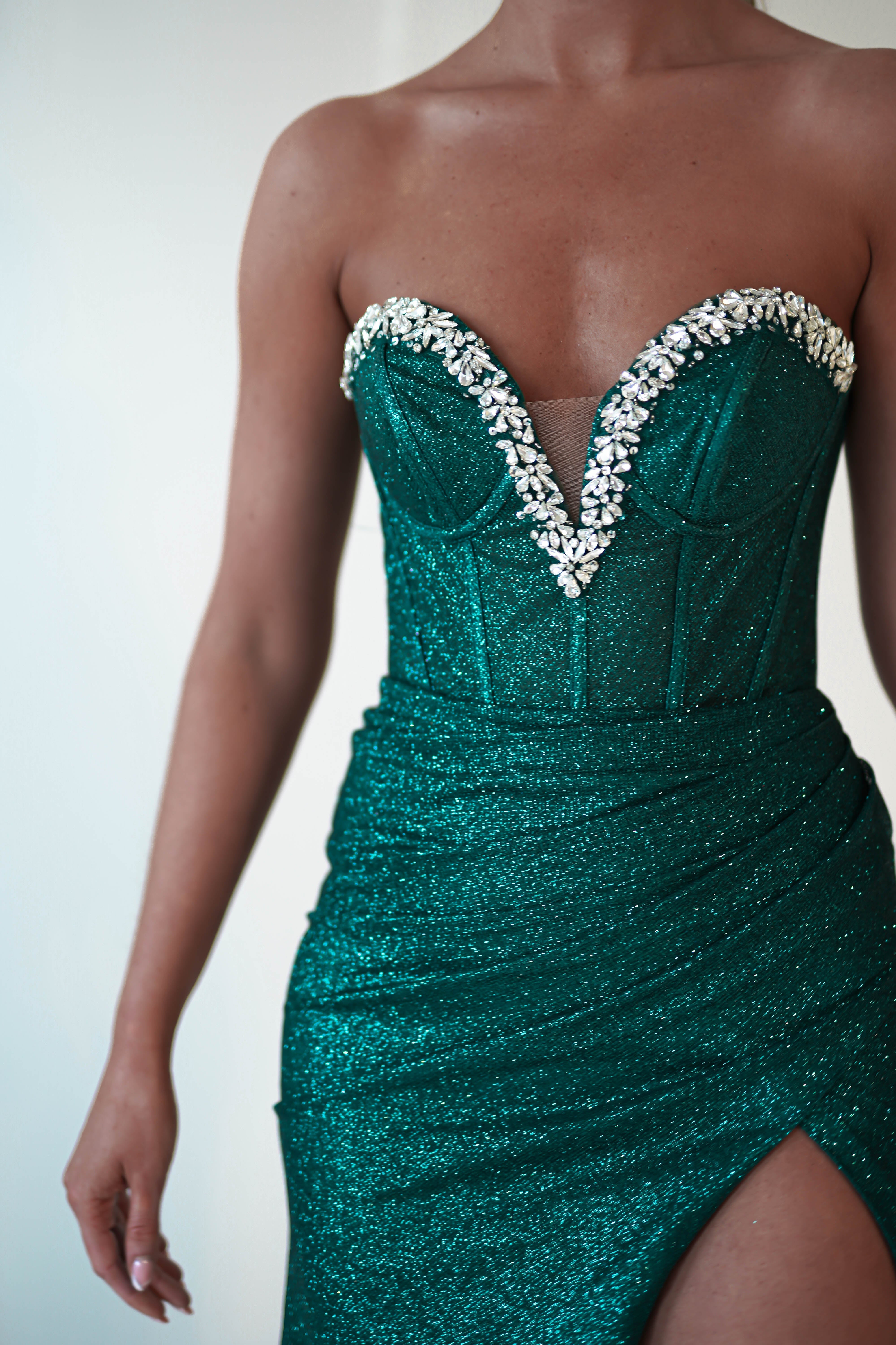 Stephanie Strapless Glitter Gown | Emerald Green