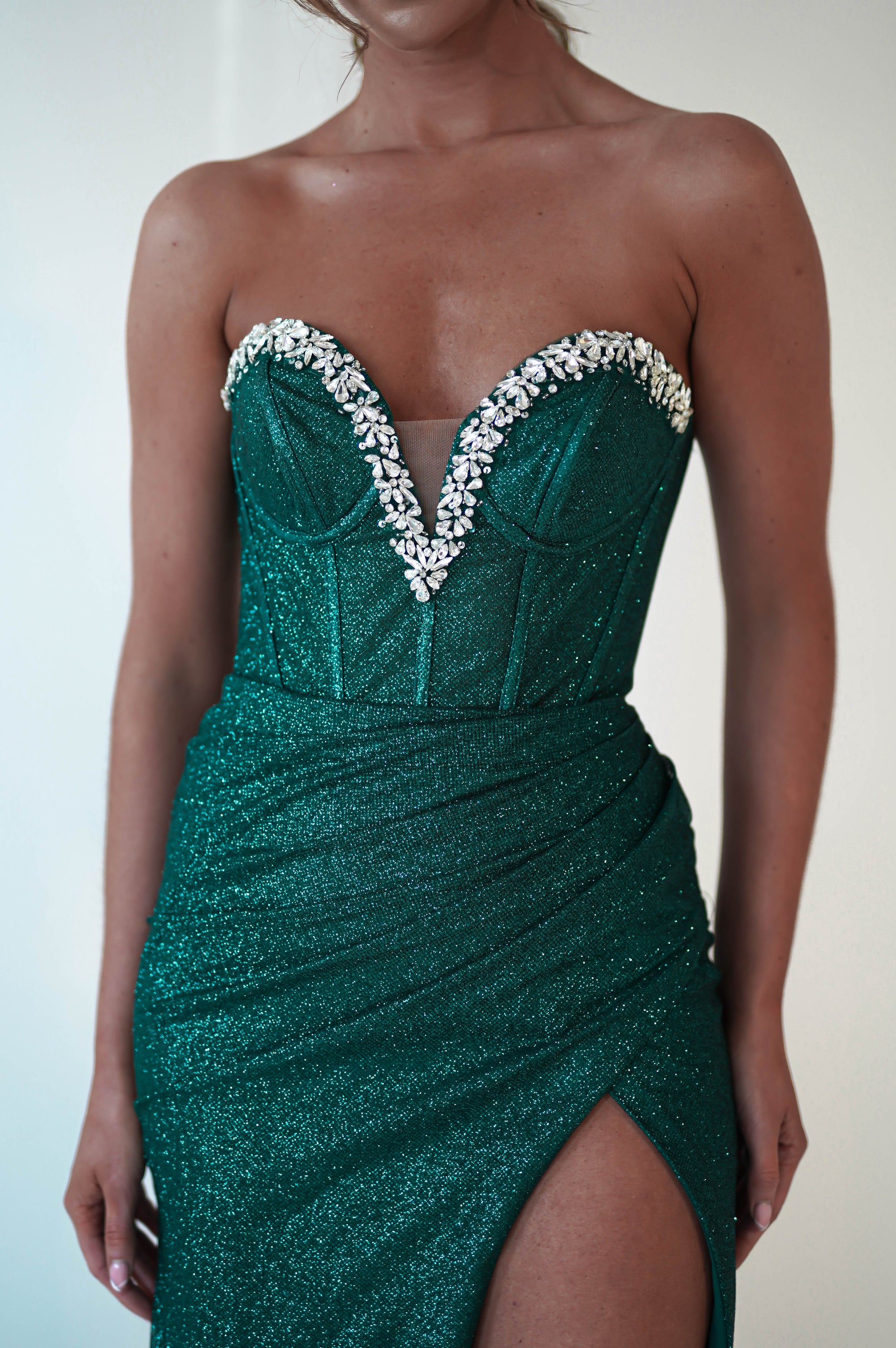 Stephanie Strapless Glitter Gown | Emerald Green - Oh Hello Clothing