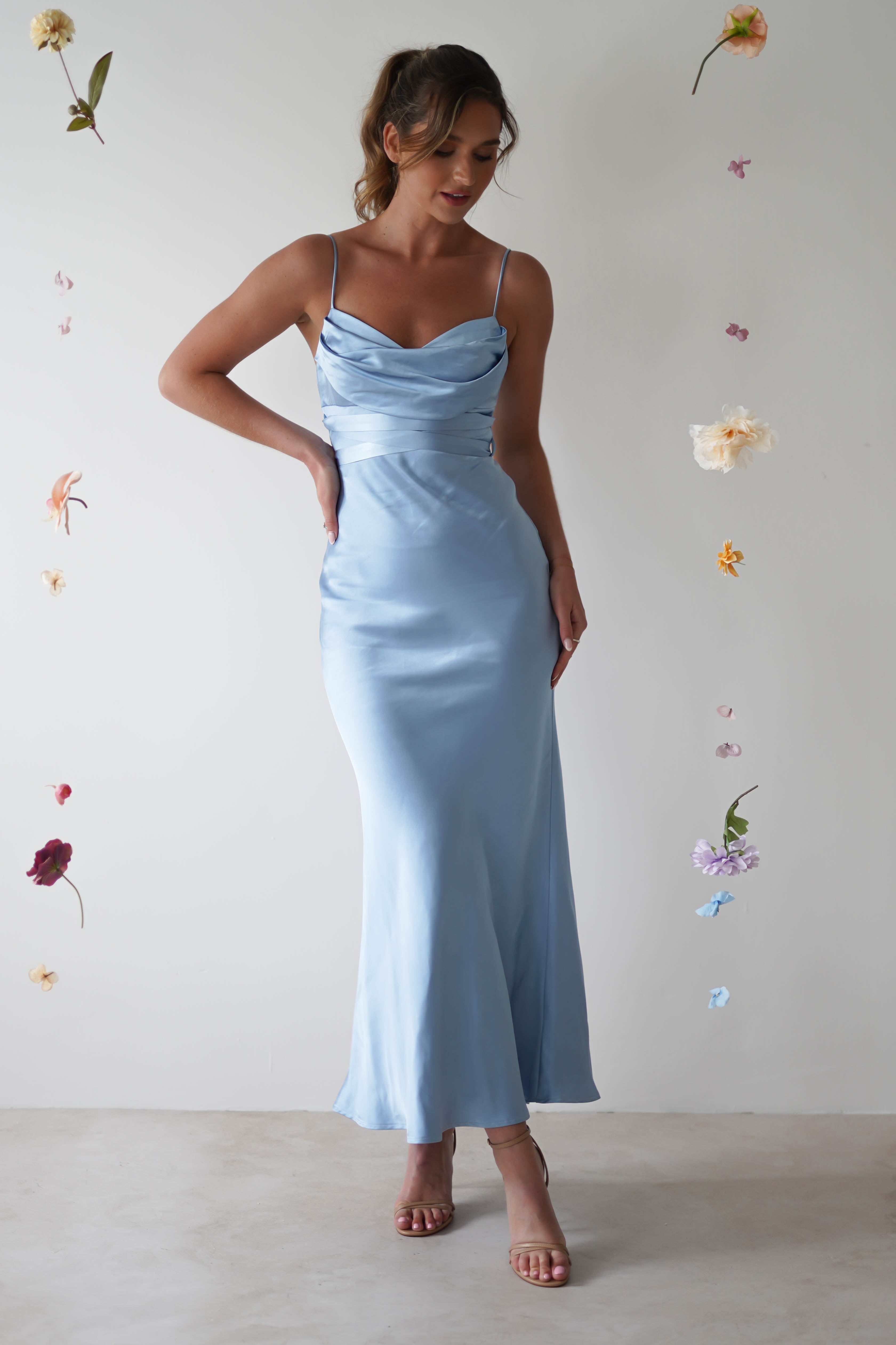 Everleigh Soft Satin Midi Dress | Blue - Oh Hello Clothing