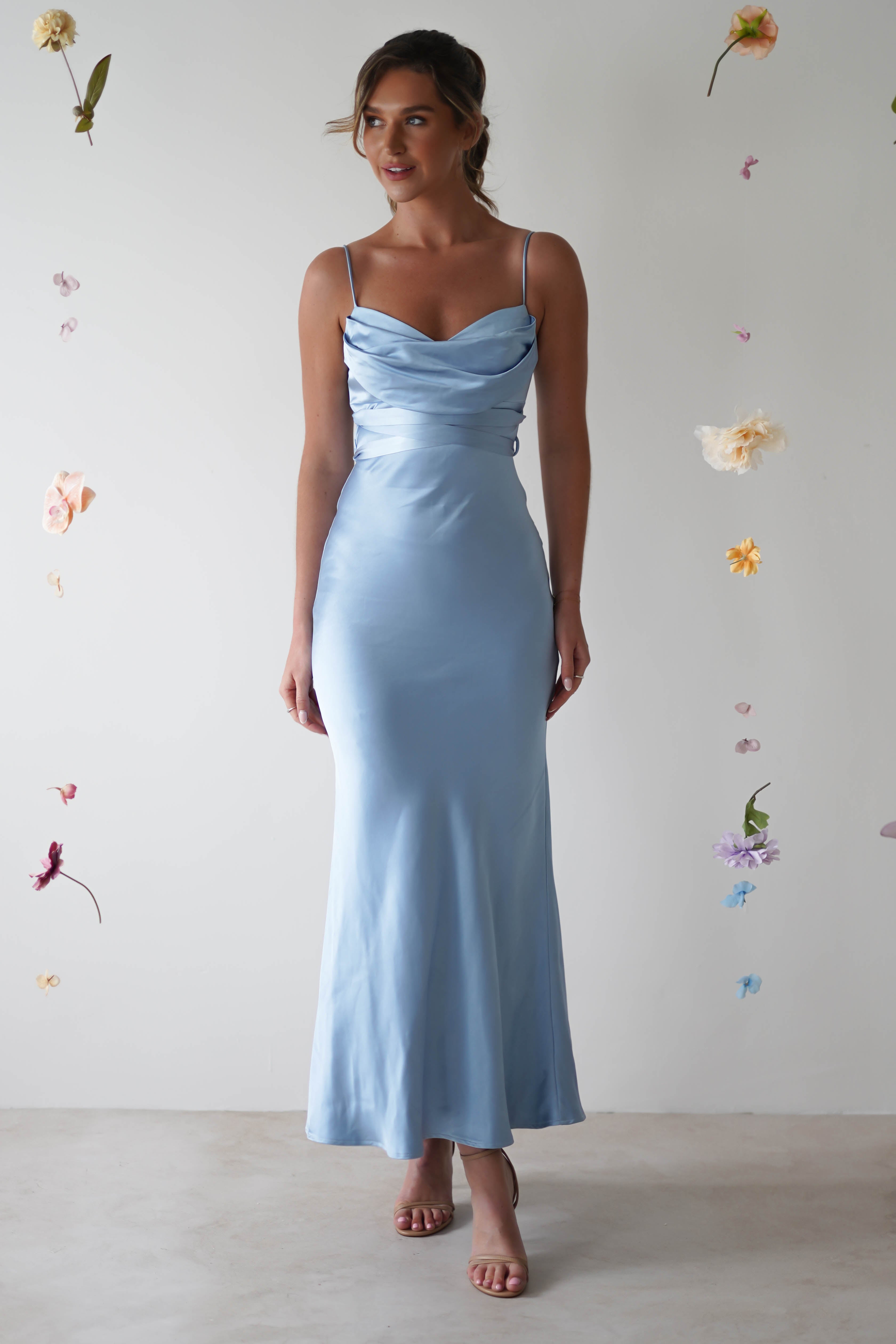 Everleigh Soft Satin Midi Dress | Blue - Oh Hello Clothing
