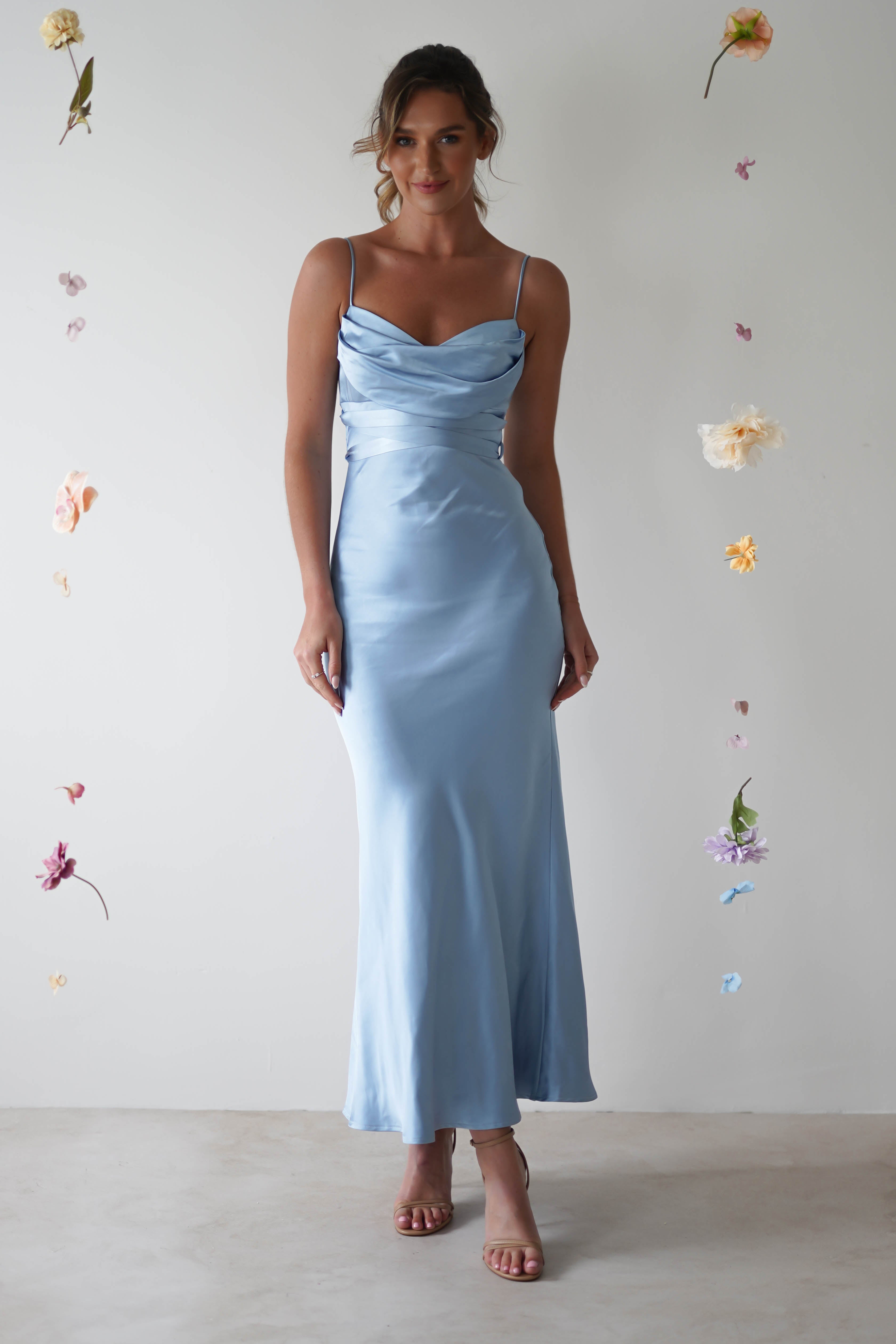 Everleigh Soft Satin Midi Dress | Blue - Oh Hello Clothing