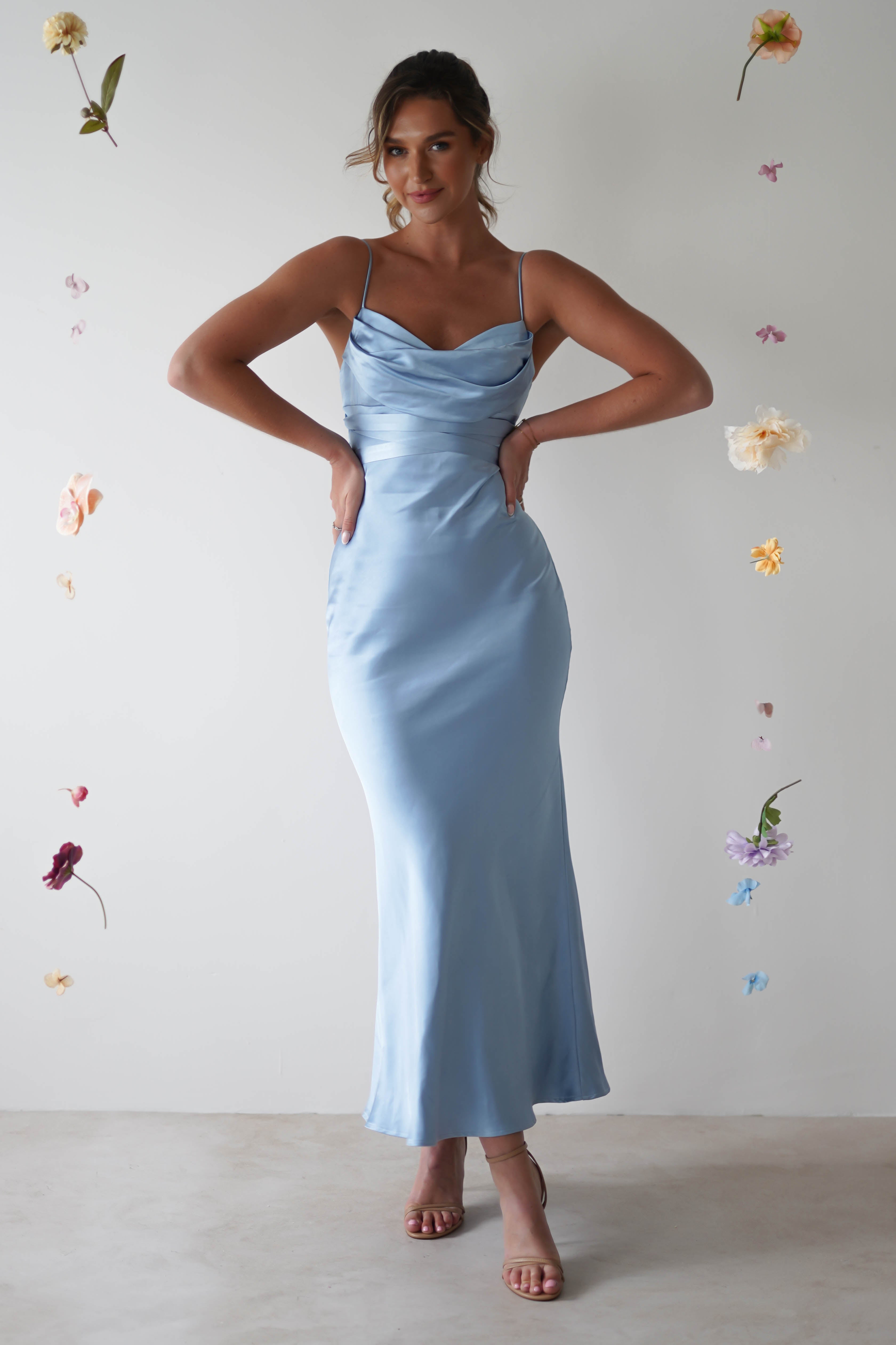 Everleigh Soft Satin Midi Dress | Blue - Oh Hello Clothing
