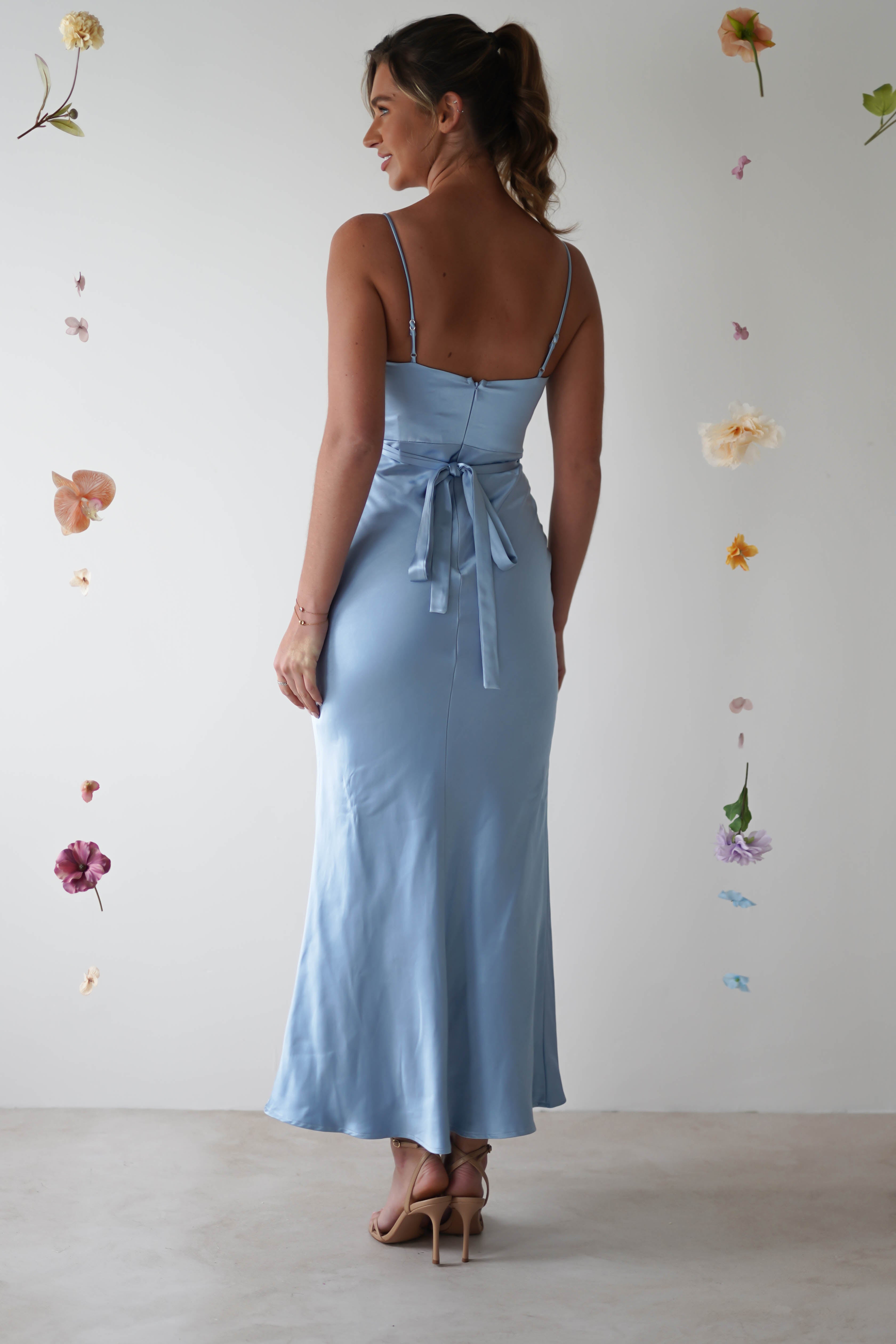 Everleigh Soft Satin Midi Dress | Blue - Oh Hello Clothing