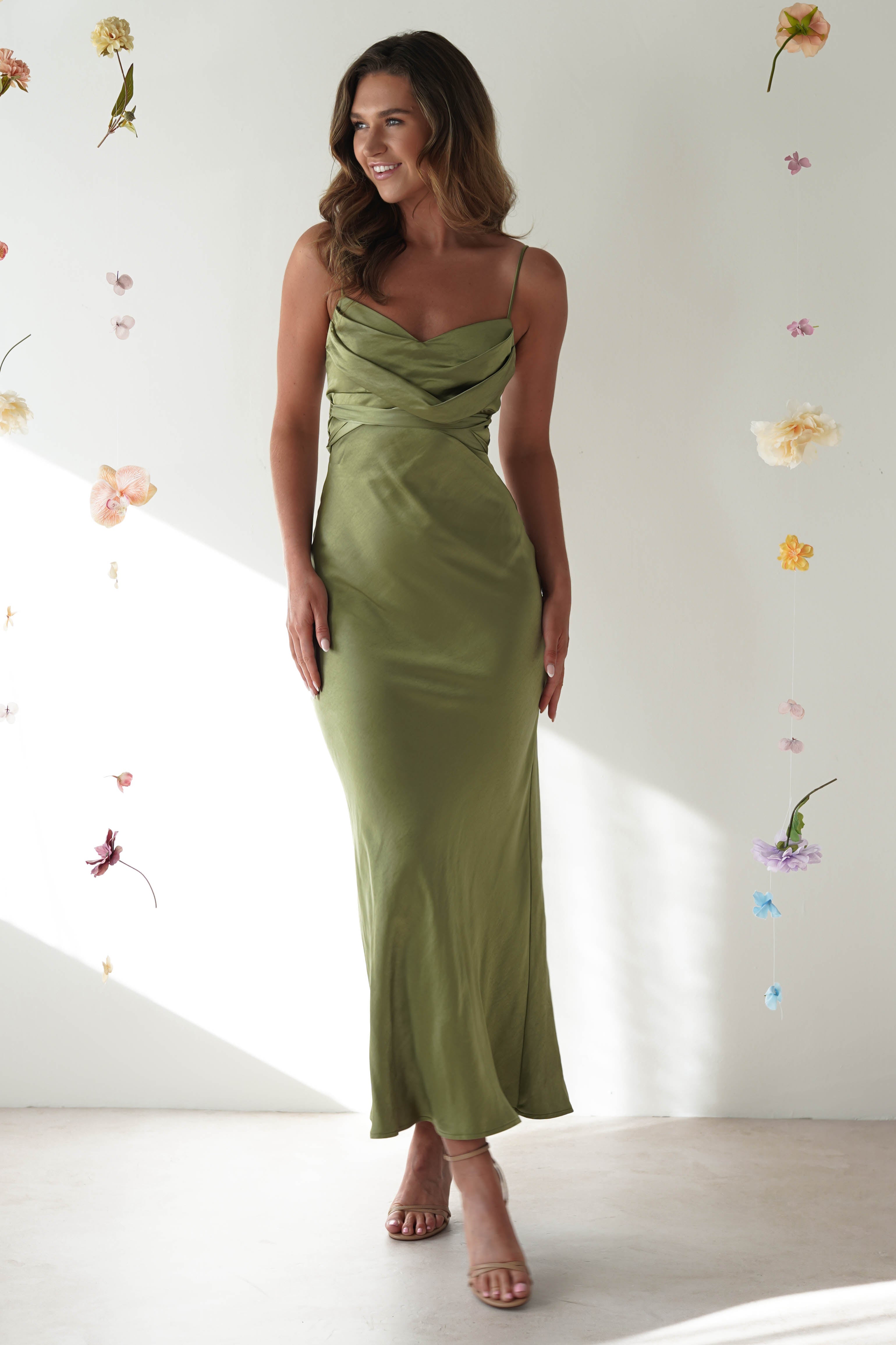 Everleigh Soft Satin Midi Dress | Olive - Oh Hello Clothing