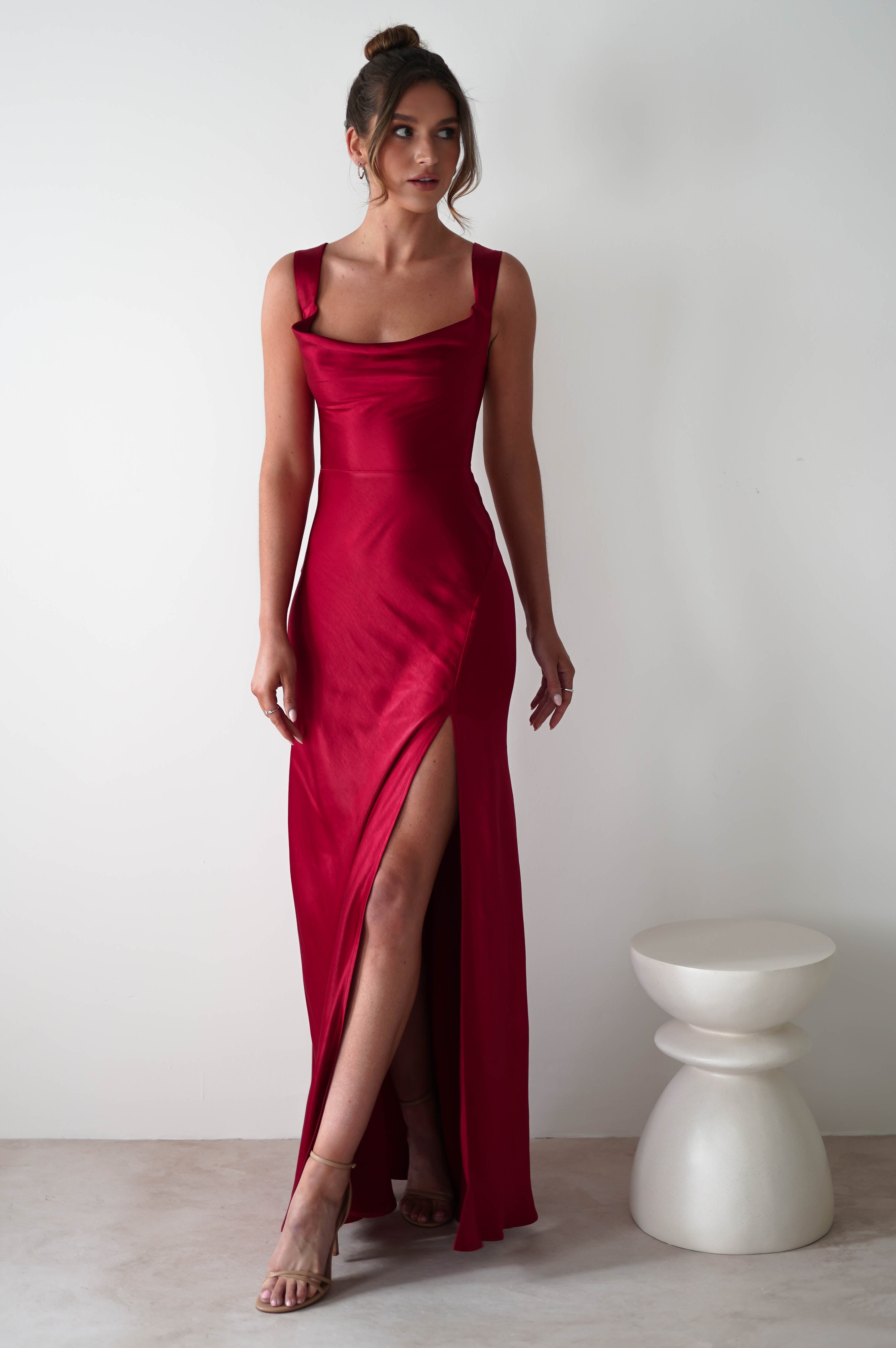 Riviera Soft Satin Maxi Gown | Berry Red - Oh Hello Clothing
