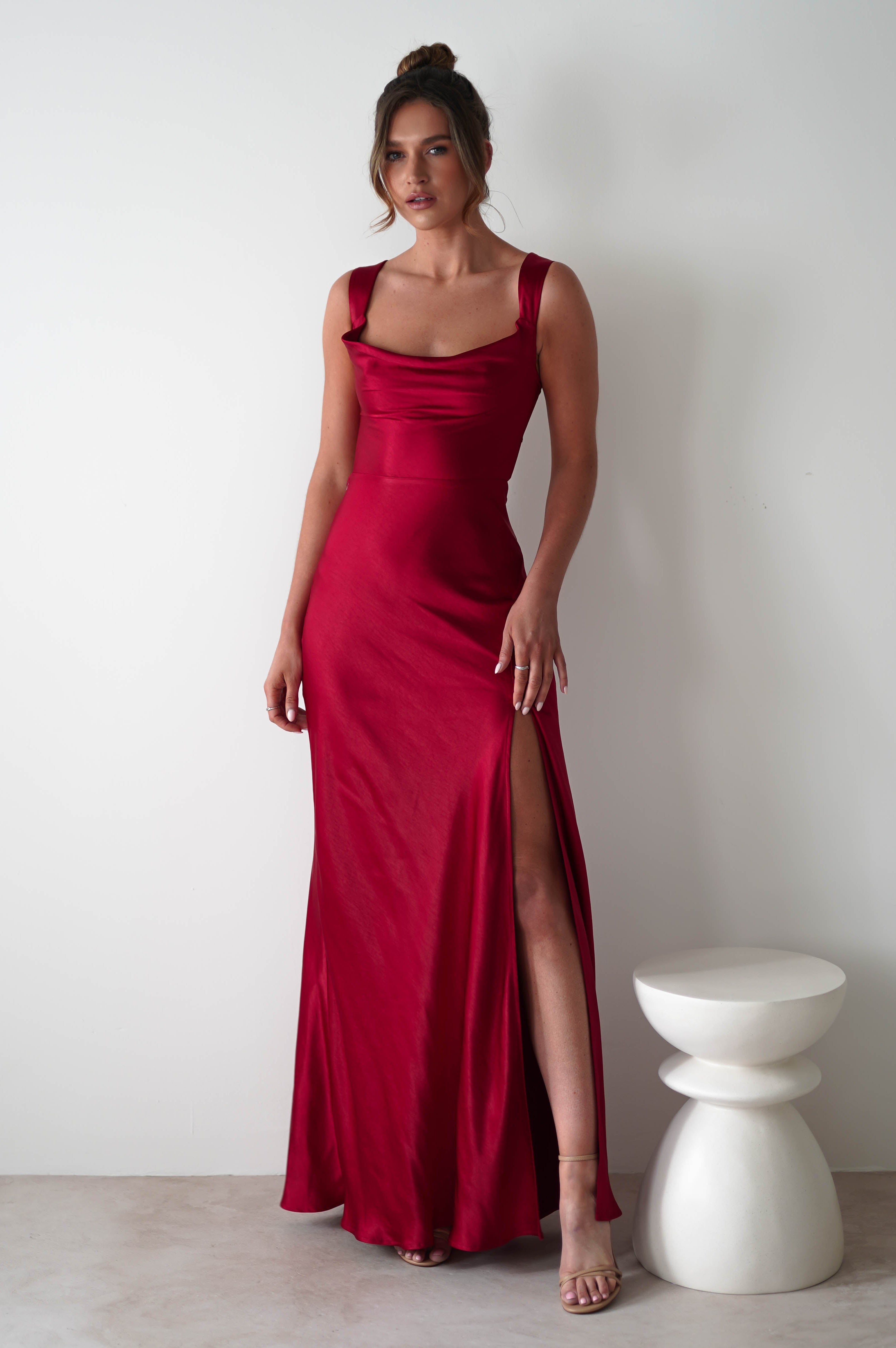 Riviera Soft Satin Maxi Gown | Berry Red - Oh Hello Clothing
