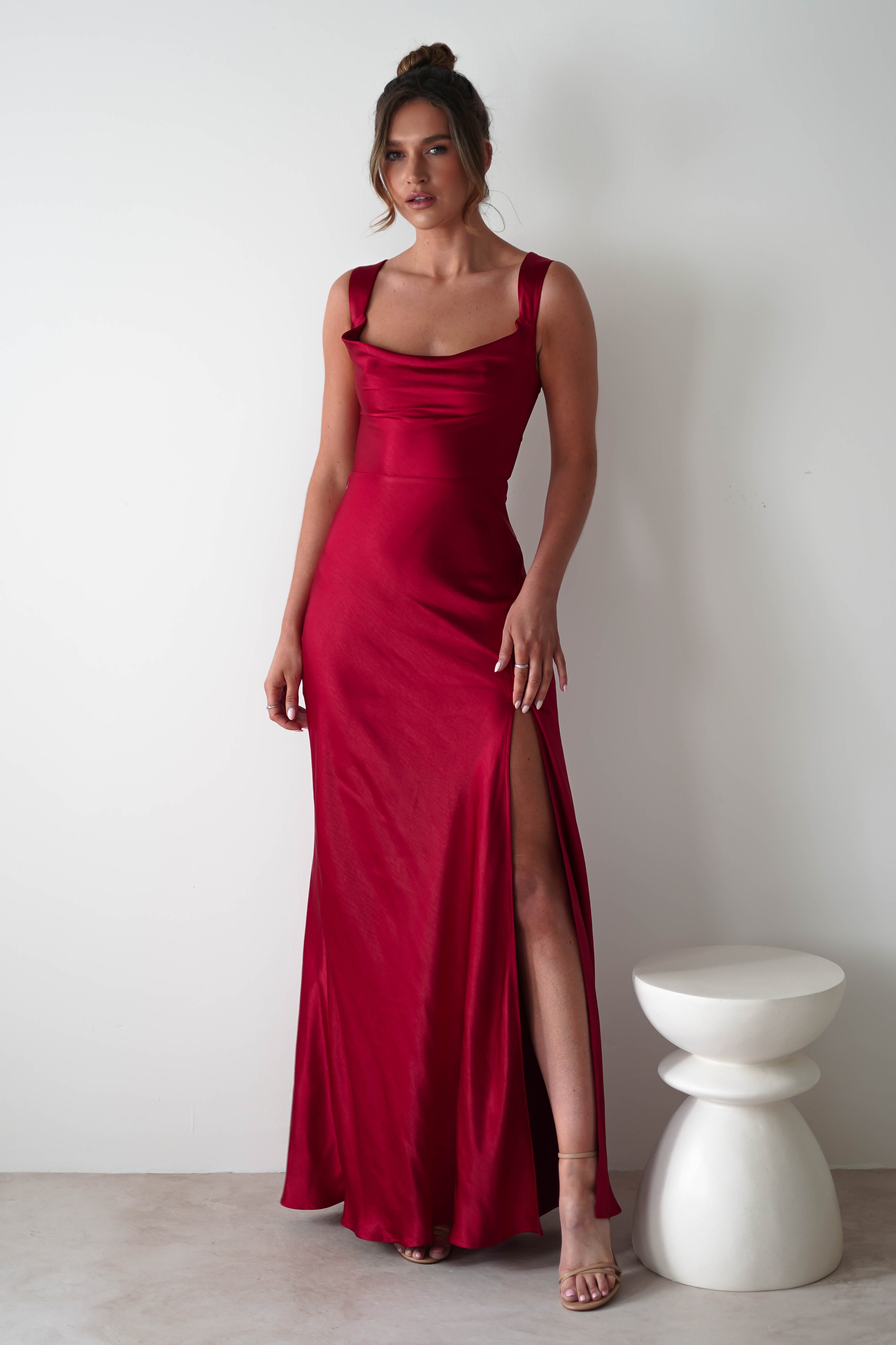Riviera Soft Satin Maxi Gown | Berry Red - Oh Hello Clothing