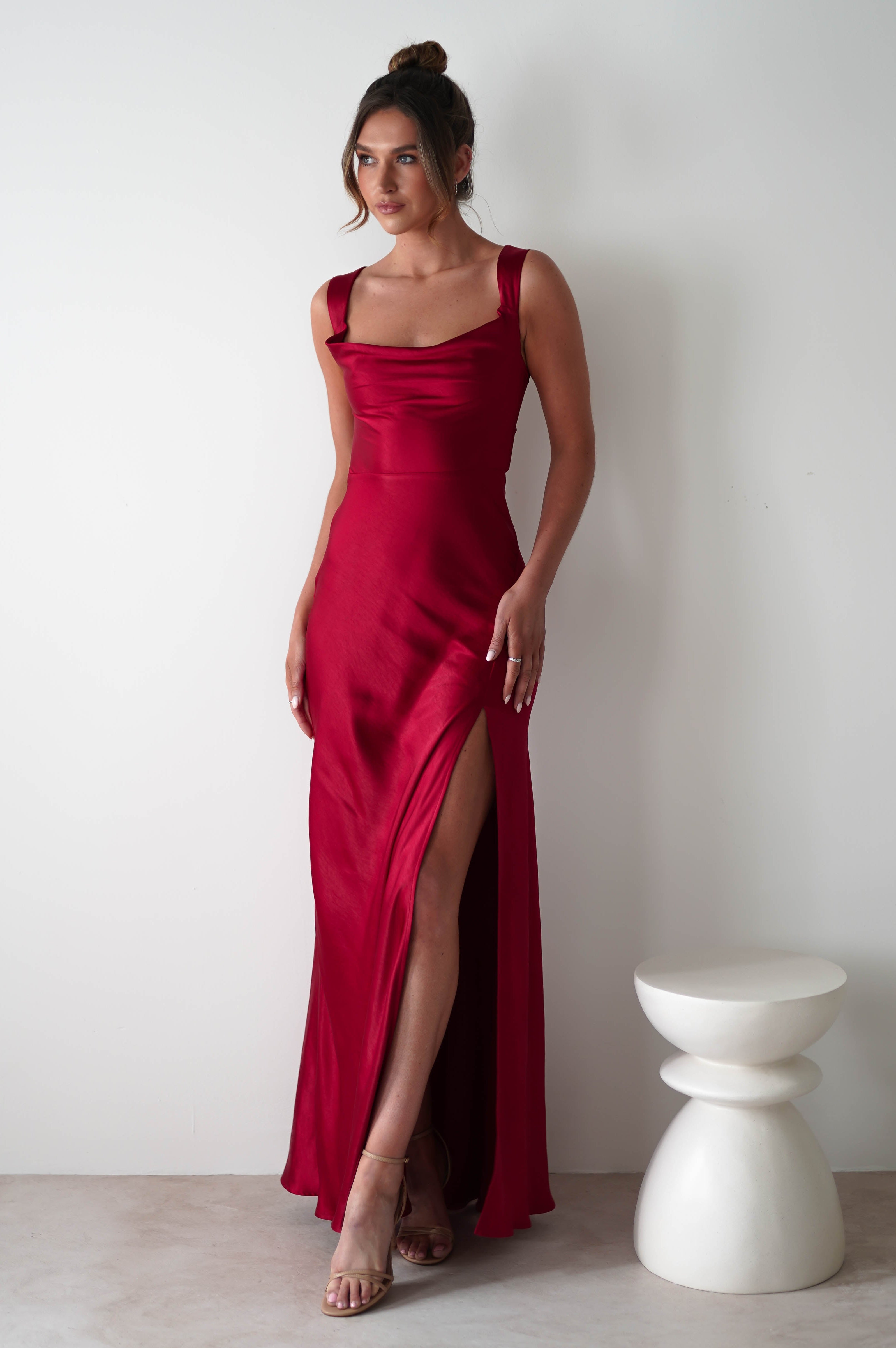 Riviera Soft Satin Maxi Gown | Berry Red - Oh Hello Clothing