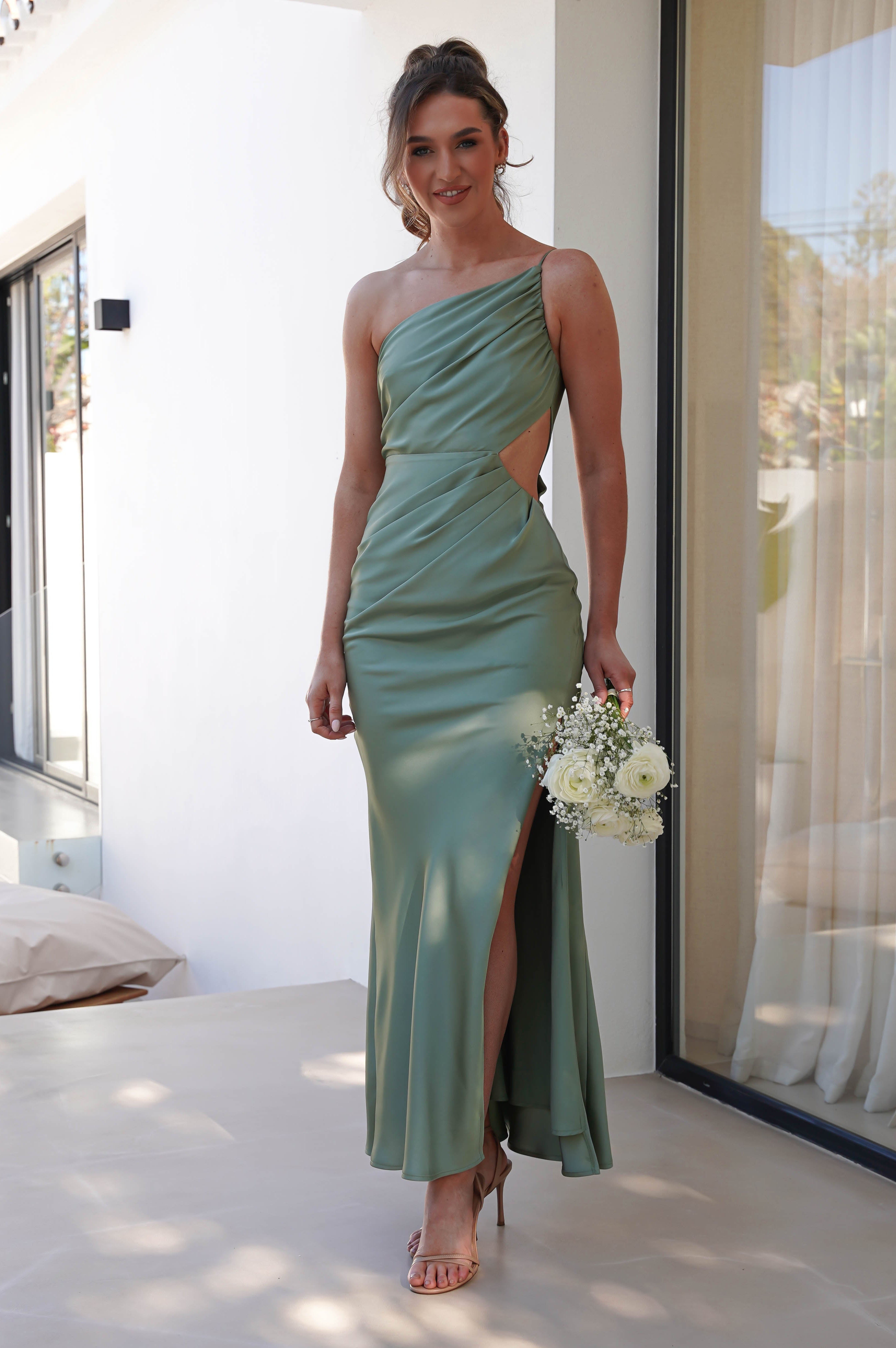 Lyra Soft Matte Satin Maxi Dress | Olive | Oh Hello Clothing | XS (6)