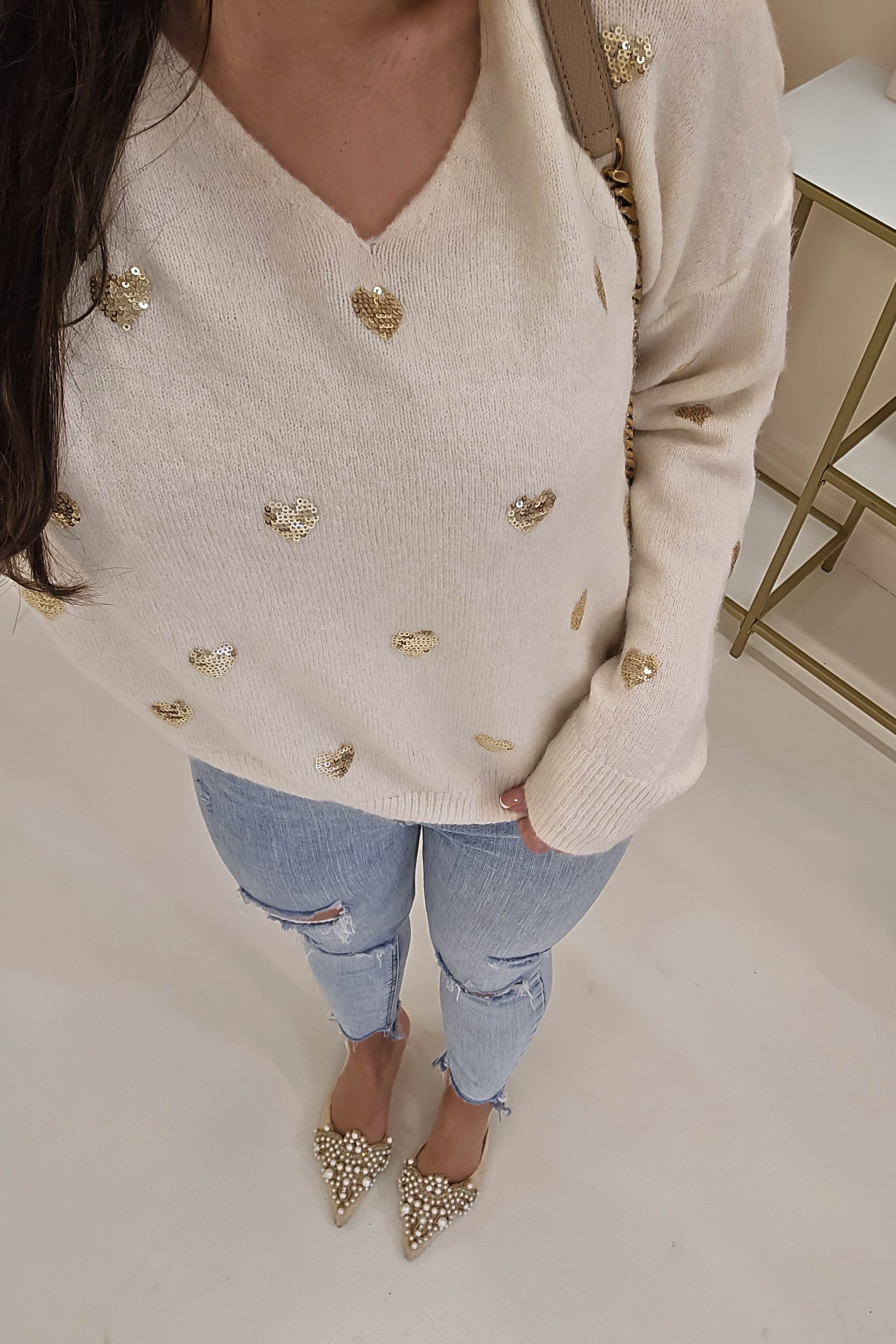 Pia Sequin Heart Detail Jumper | Beige | Oh Hello Clothing | One Size | 8 - 12