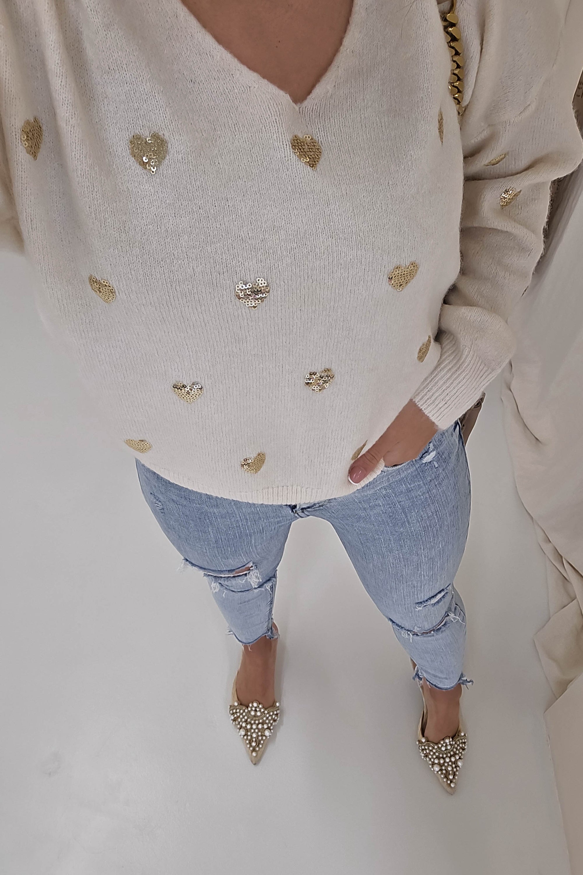 Pia Sequin Heart Detail Jumper | Beige | Oh Hello Clothing | One Size | 8 - 12