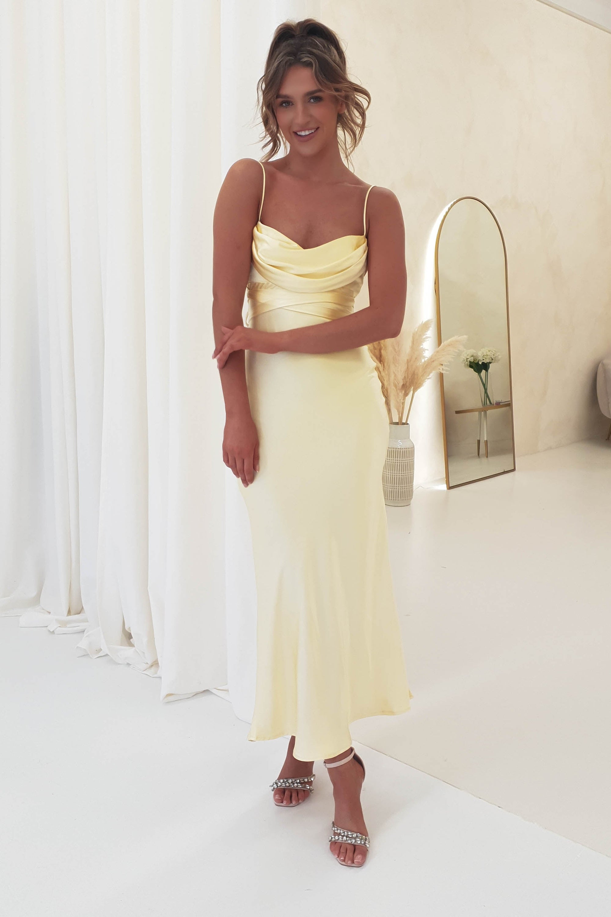 Everleigh Soft Satin Midi Dress | Butter Yellow | Oh Hello Clothing | XS (6)