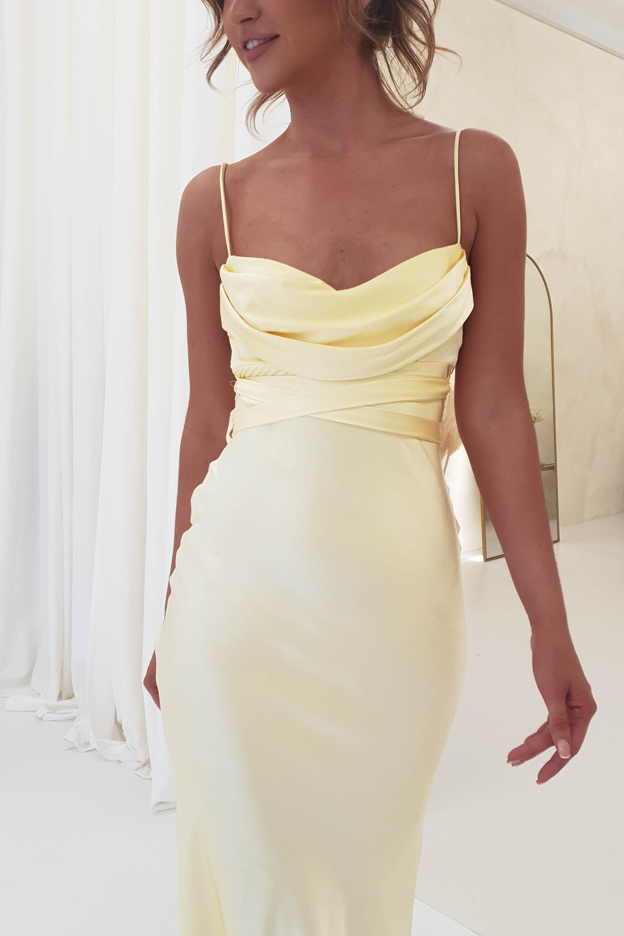 Everleigh Soft Satin Midi Dress | Butter Yellow | Oh Hello Clothing | XS (6)