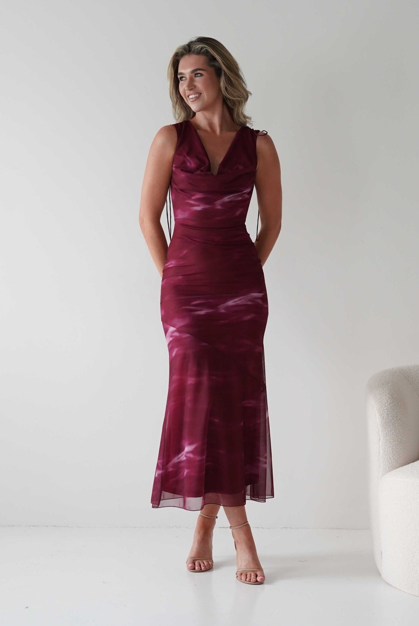 Drew Mesh Printed Maxi Dress | Wine Print | Oh Hello Clothing | XS (6)