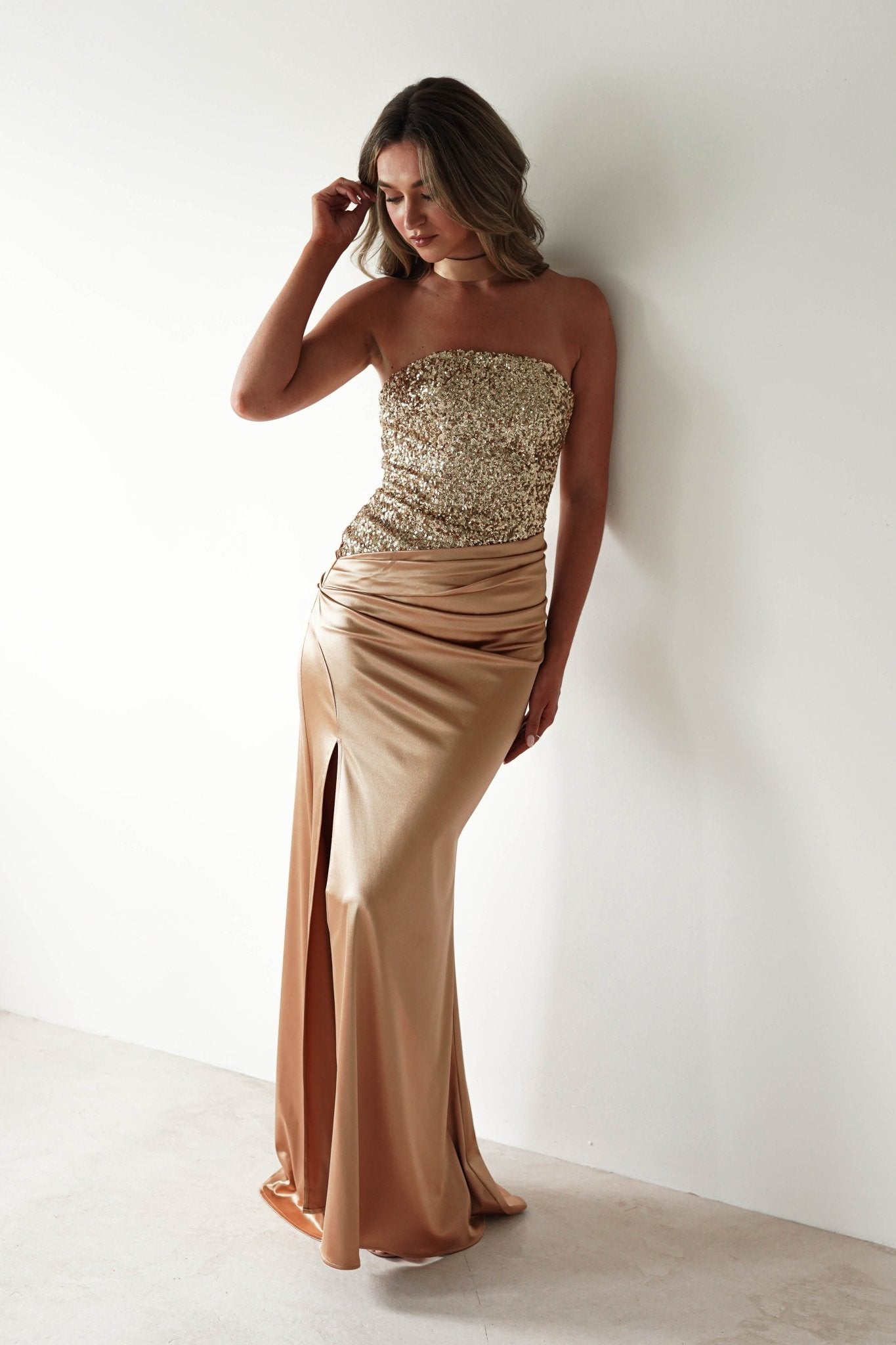 Elysia Sequin Embellished Bodice Gown | Gold | Oh Hello Clothing | XS (6)