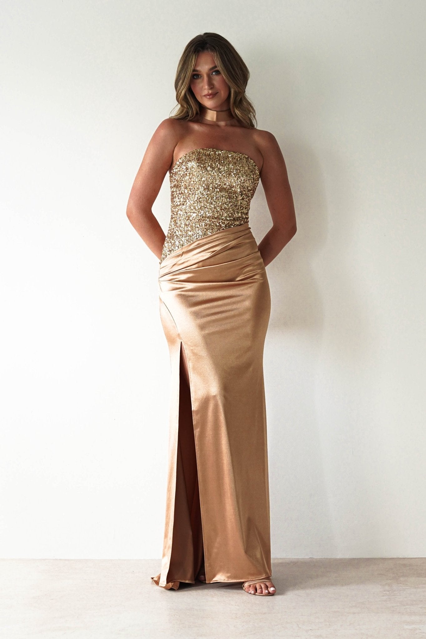 Elysia Sequin Embellished Bodice Gown | Gold | Oh Hello Clothing | XS (6)