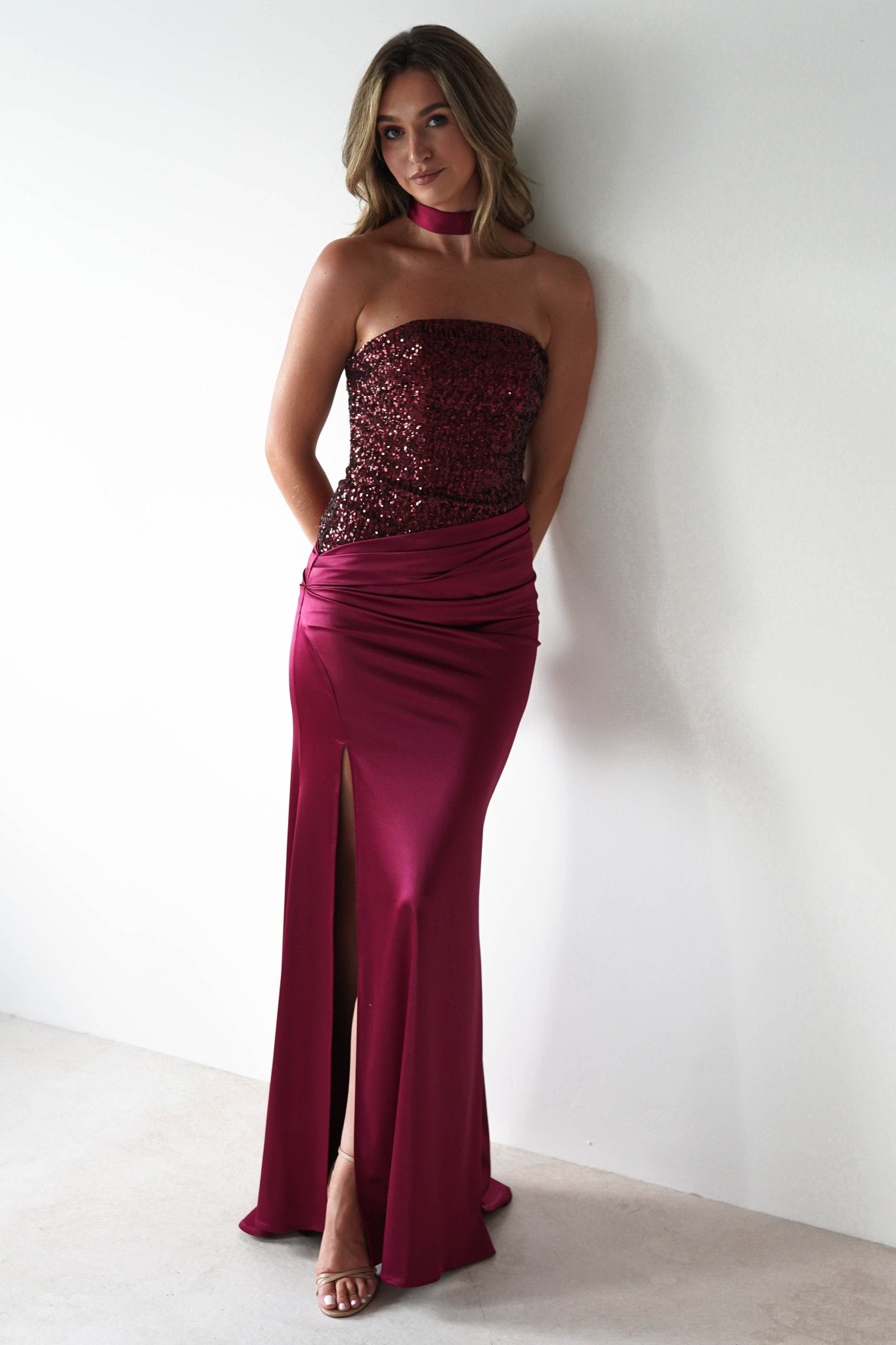 Elysia Sequin Embellished Bodice Gown | Wine | Oh Hello Clothing | XS (6)