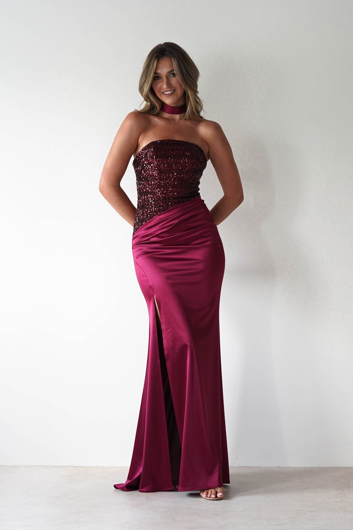 Elysia Sequin Embellished Bodice Gown | Wine | Oh Hello Clothing | XS (6)