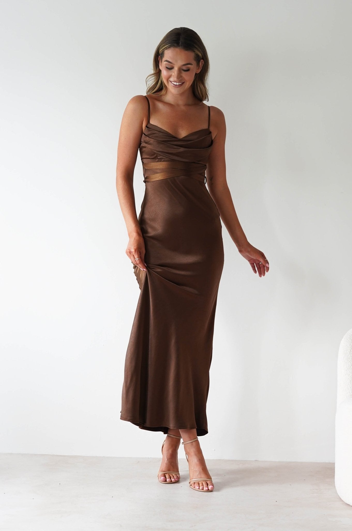 Everleigh Soft Satin Midaxi Dress | Brown | Oh Hello Clothing | XS (6)