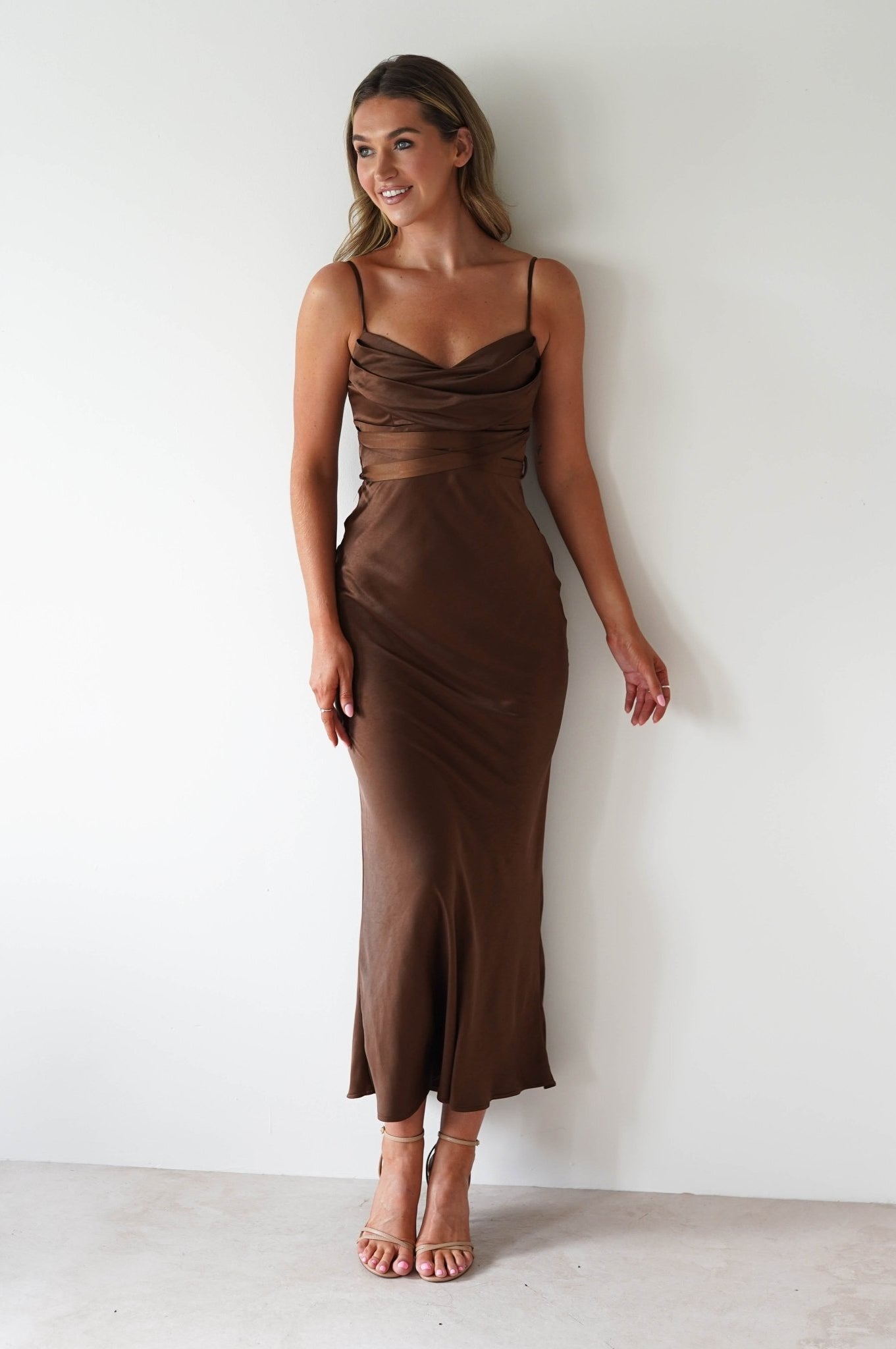 Everleigh Soft Satin Midaxi Dress | Brown | Oh Hello Clothing | XS (6)